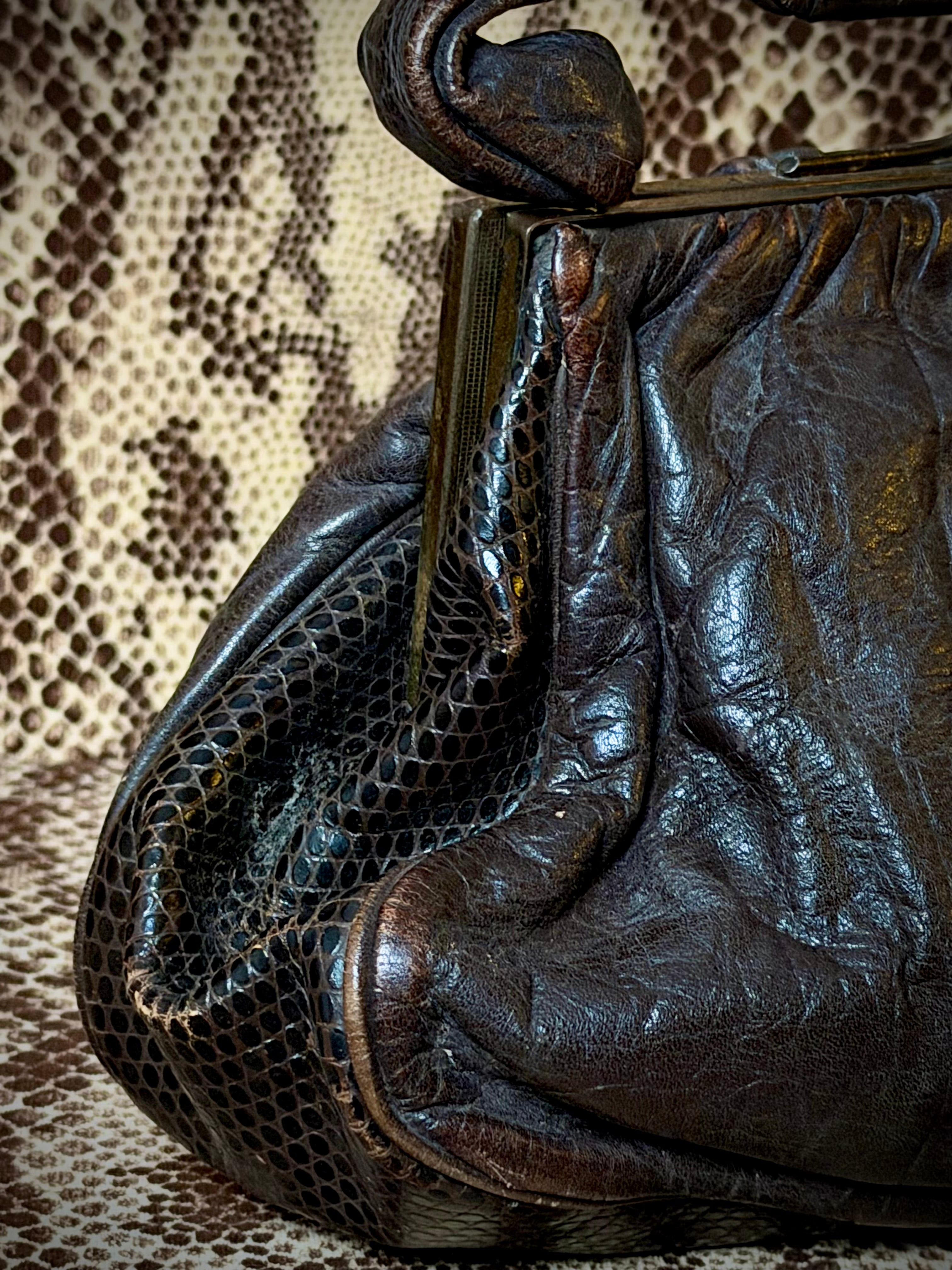 Late 1930s-1940s Leather and Reptile Skin Frame Handbag