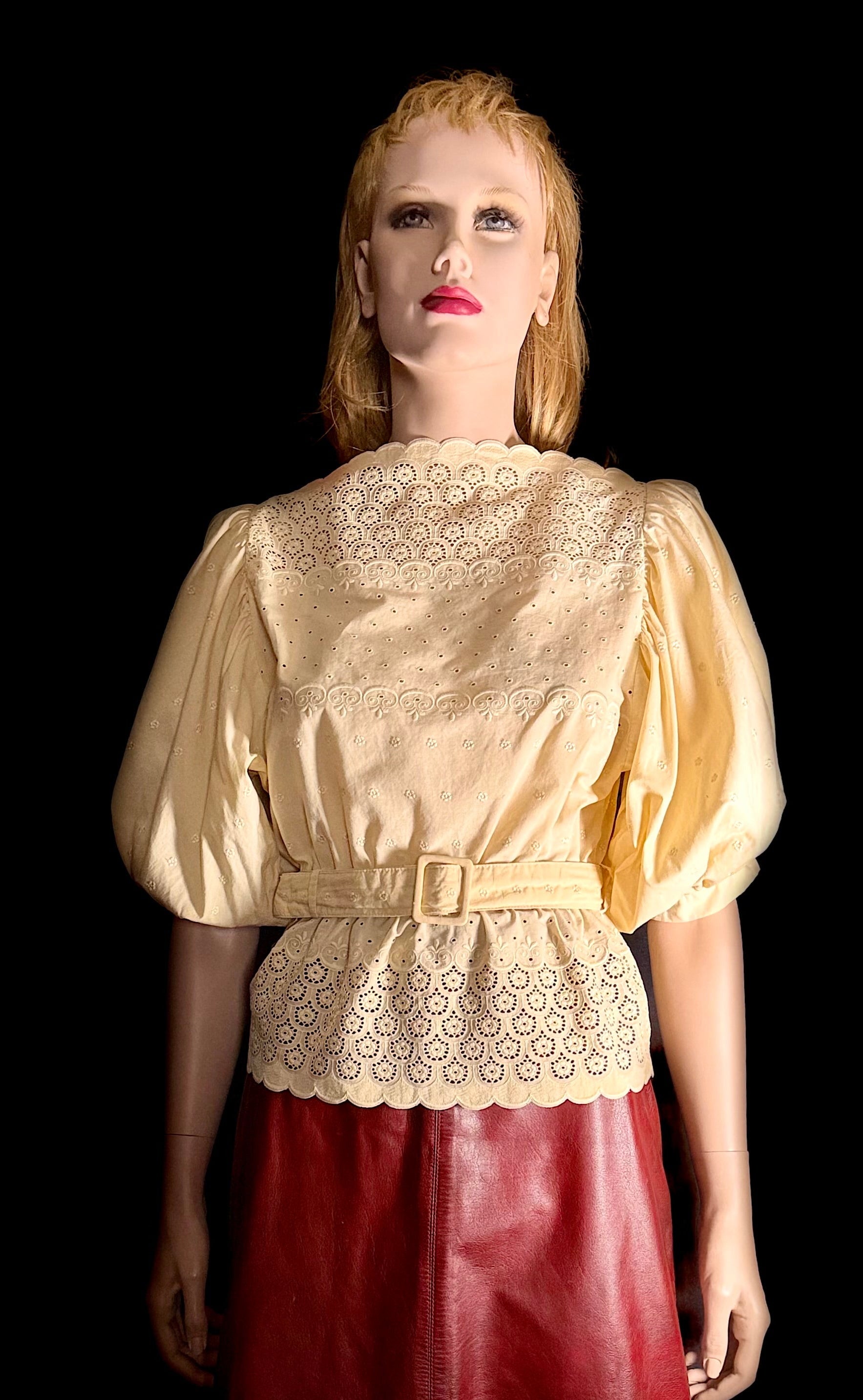 1970s Structured Broderie Anglaise Blouse with Belt - High Neck / Sculpted Sleeve