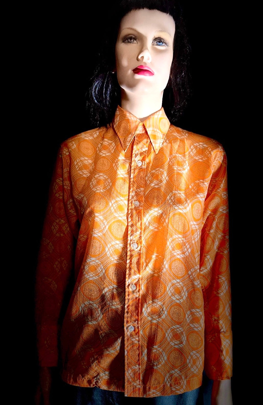1970s Semi-Sheer Orange
Geometric Button-Down
Shirt
