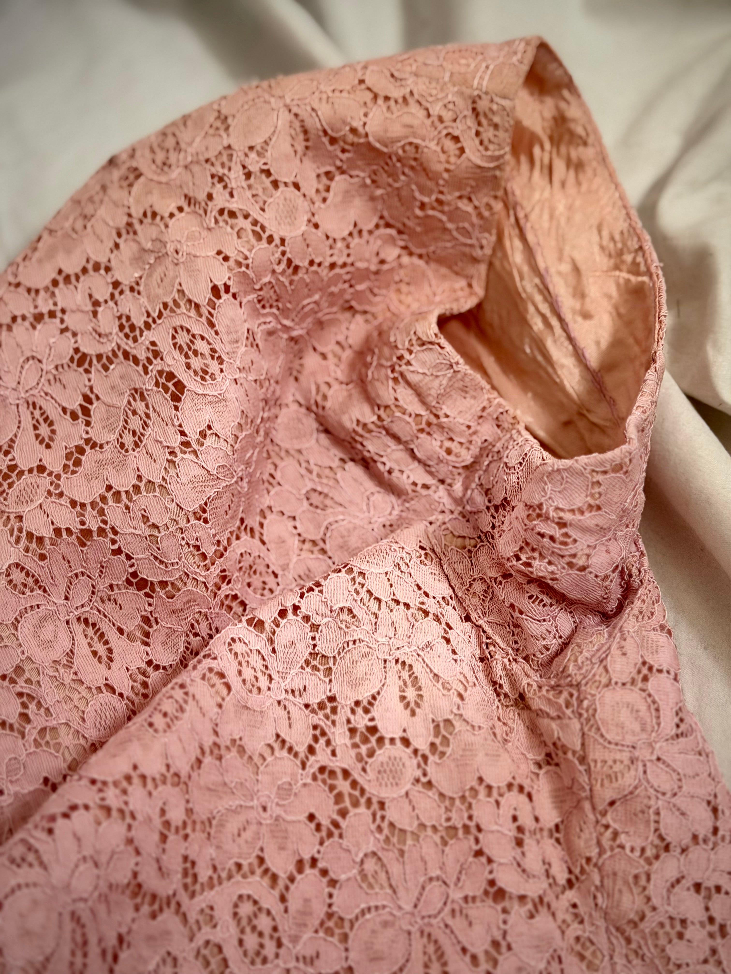 1950s Pink Lace Cocktail Dress with Satin Rosette Belt