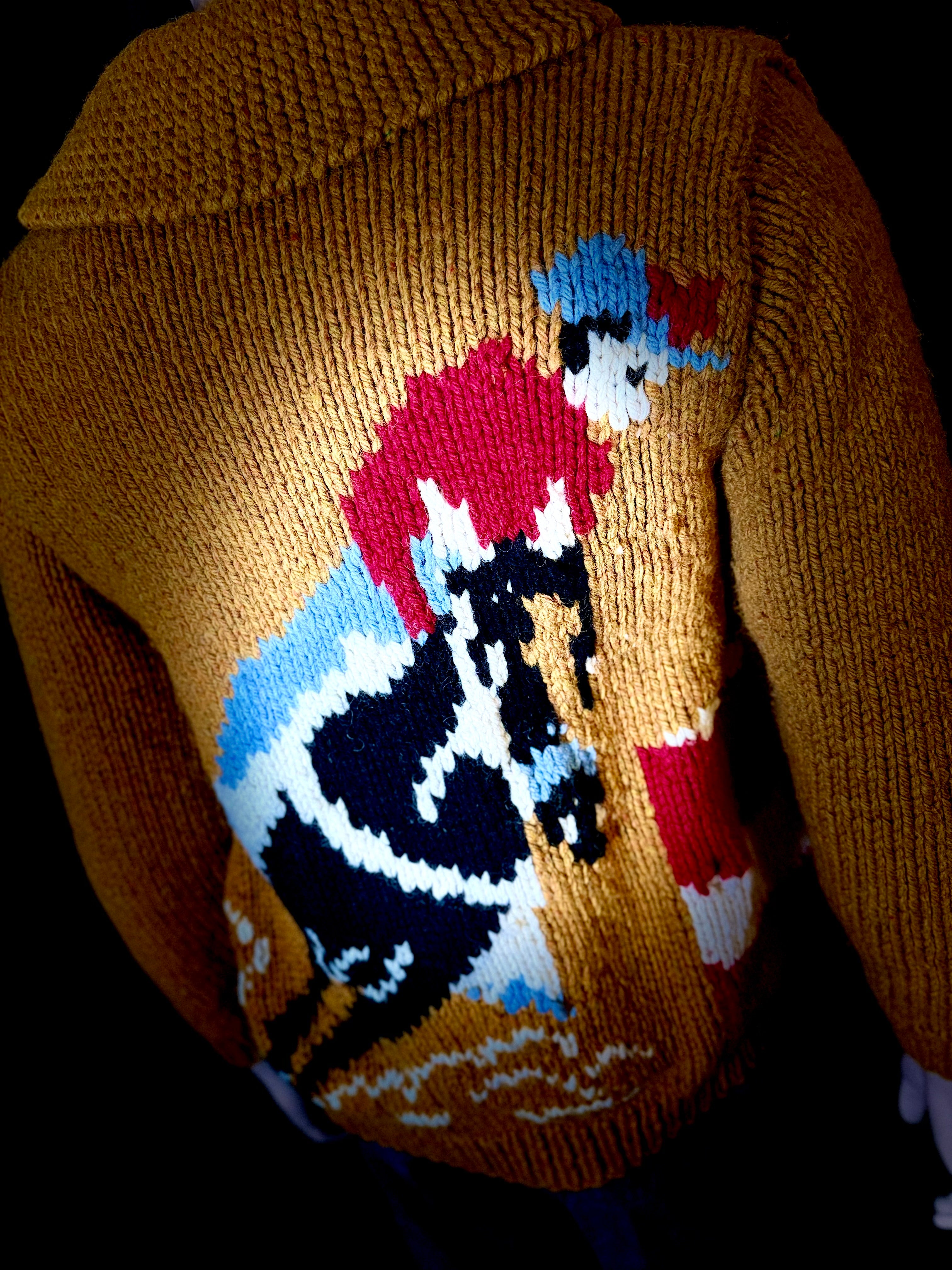 Mid-Century Lined Cowichan Cardigan - Hand-Knit Horse and Rider Motif
