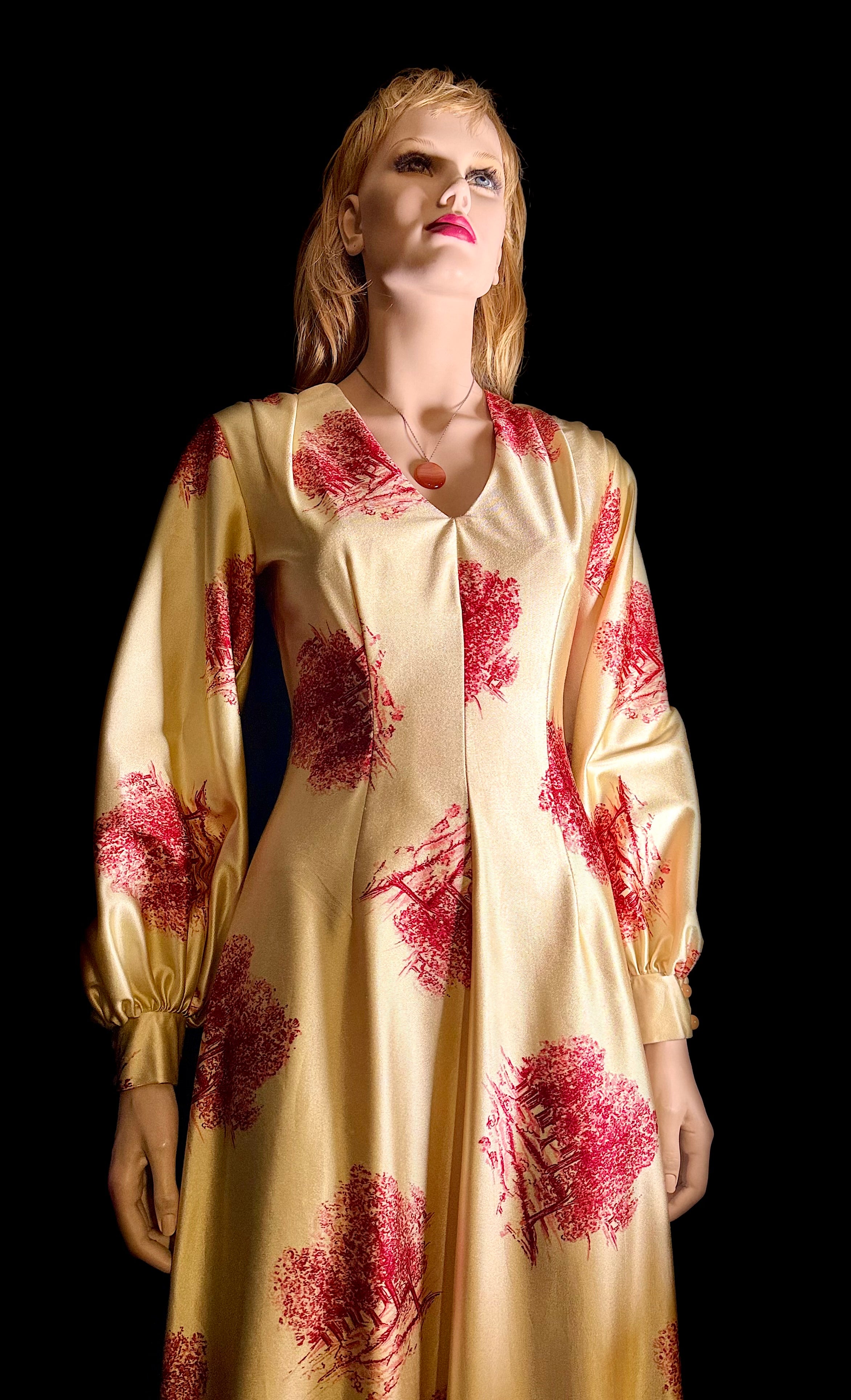 Vintage 1970s Golden Toile Evening Gown – Balloon Sleeves, Full Length