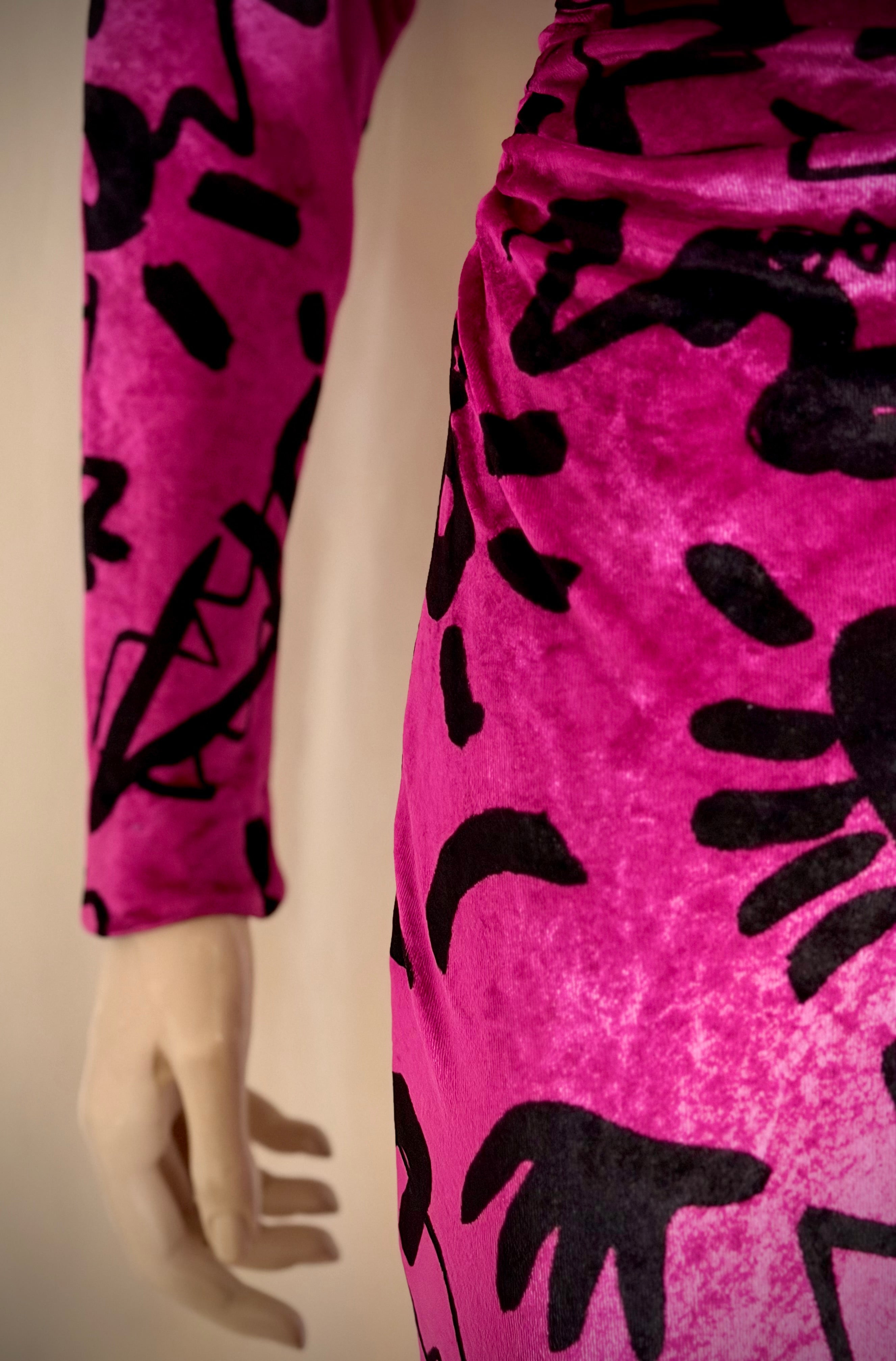 Nicole Miller Vintage Fuchsia Velvet Graphic Print Dress