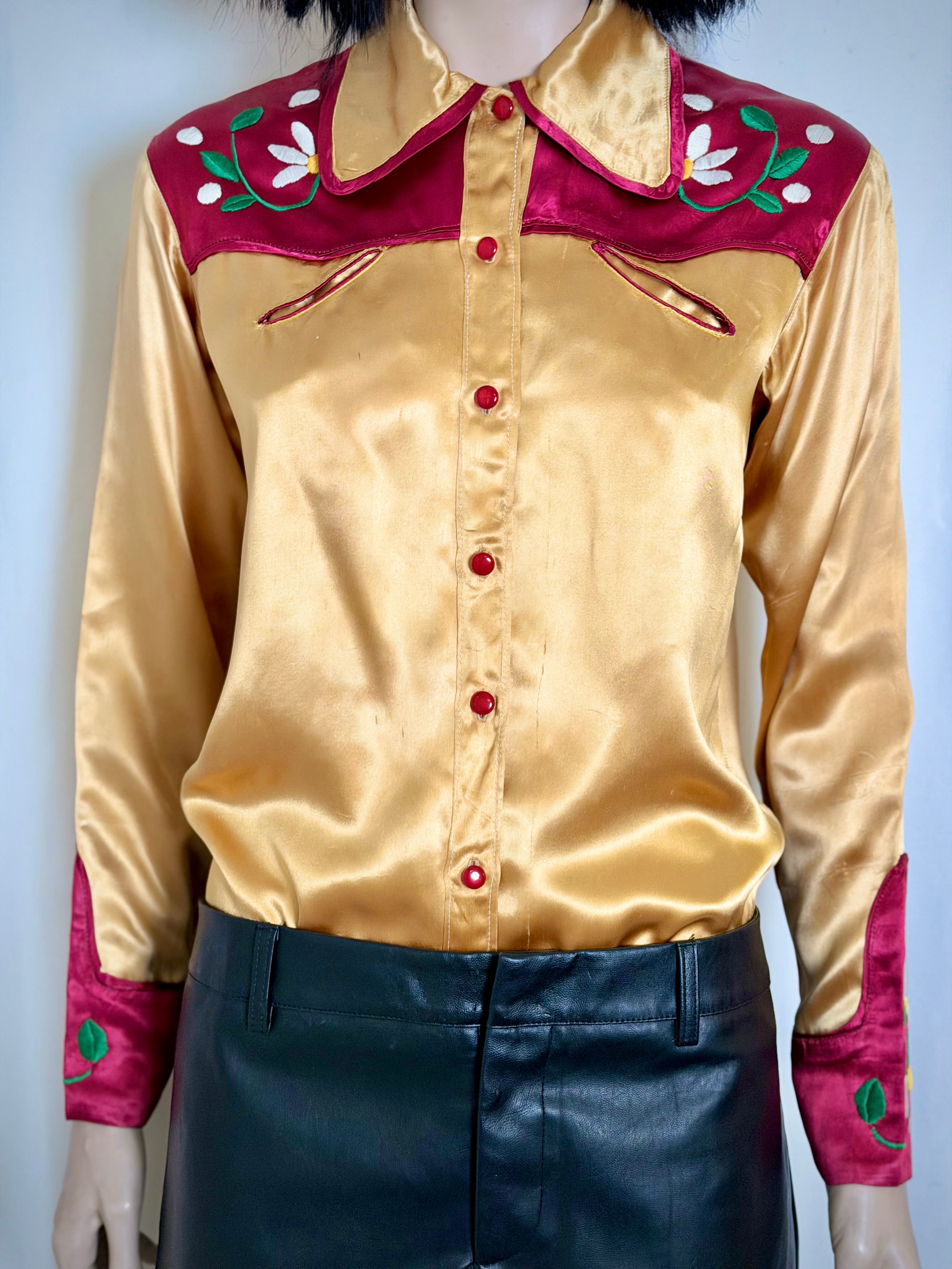 1940s Hand Embroidered Satin Western Shirt