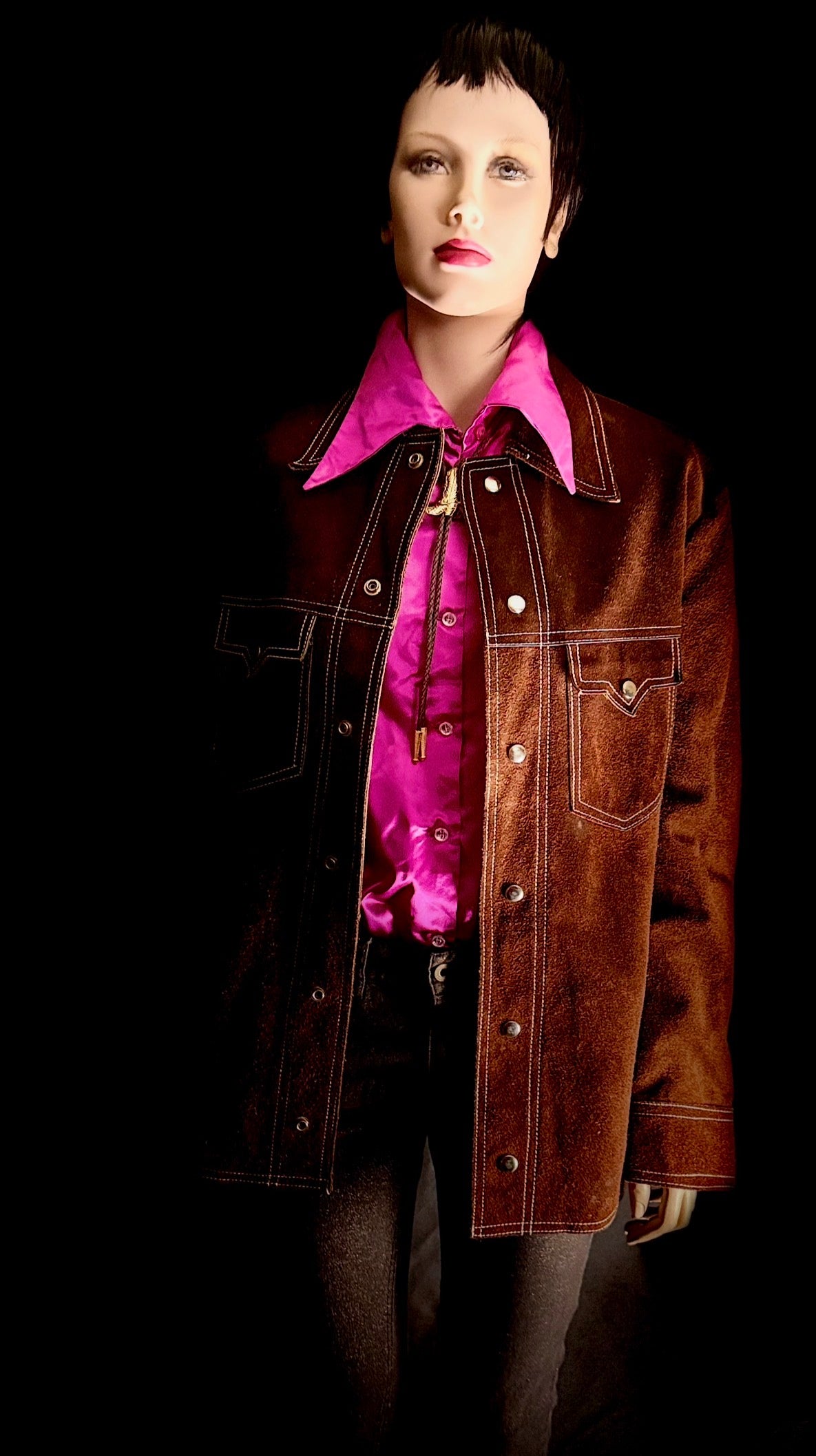 Exceptional Vintage 70s Mexican Suede Western Jacket with Scenic Bird Lining