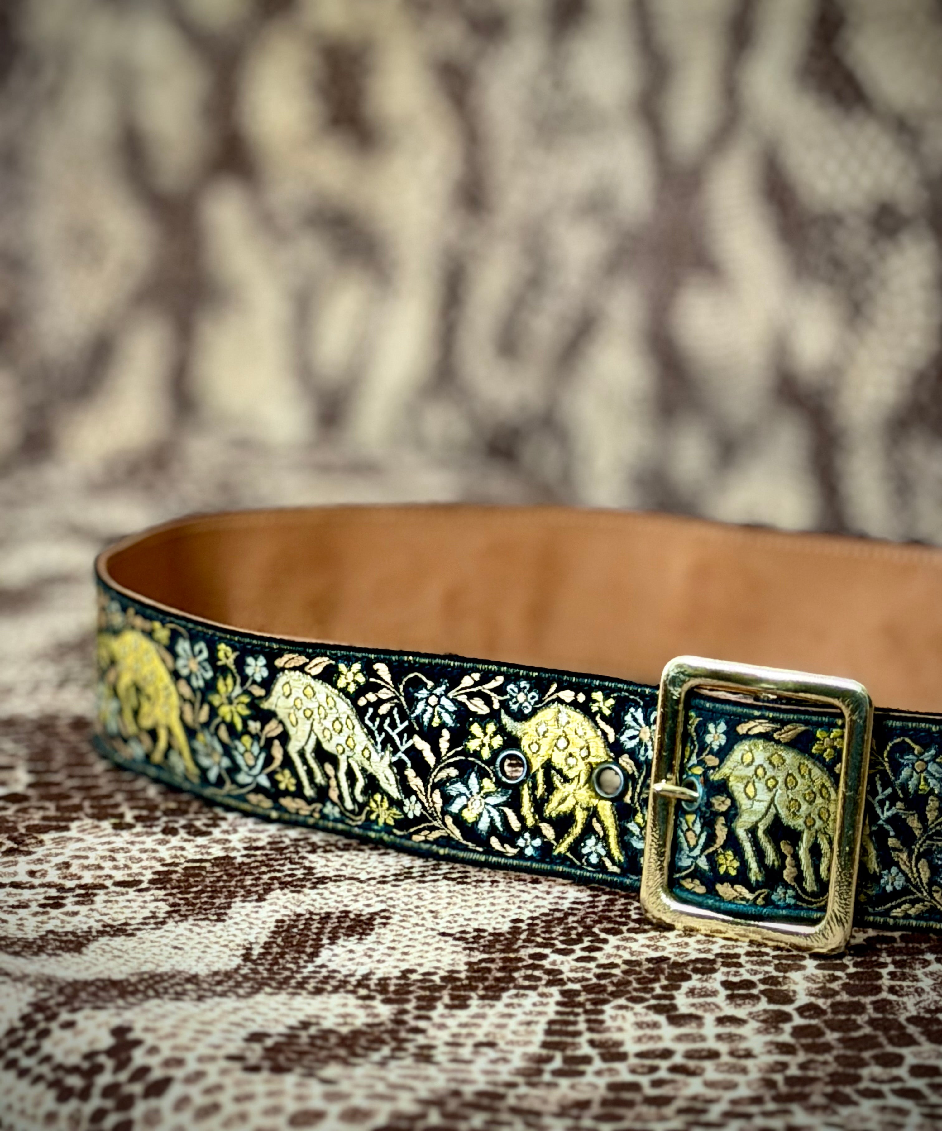 1970s Lutèce Paris Embroidered Leather Belt- Deer and Floral Tapestry (Made in France)