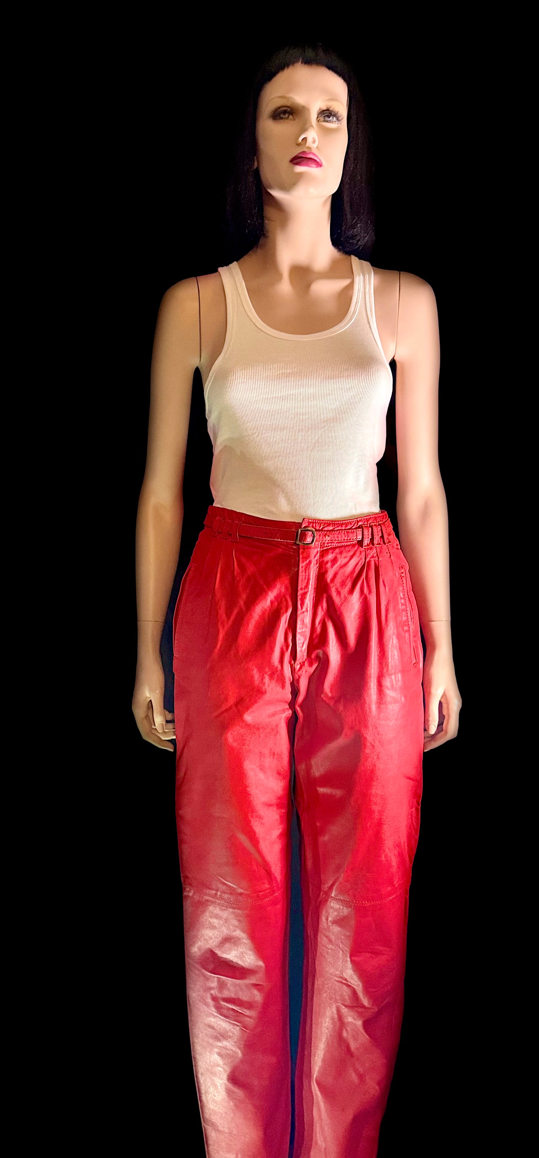 Vintage Red Leather Trousers - High-Waist Cut