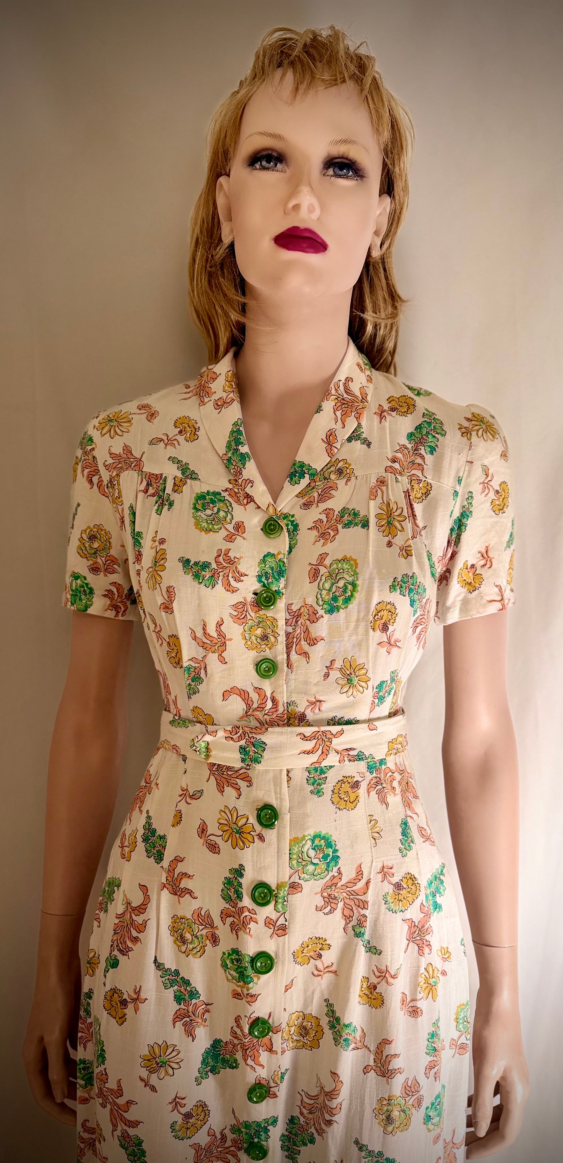 Late 1930s- Early 1940s Hand-Sewn Floral Day Dress with Original Green Buttons