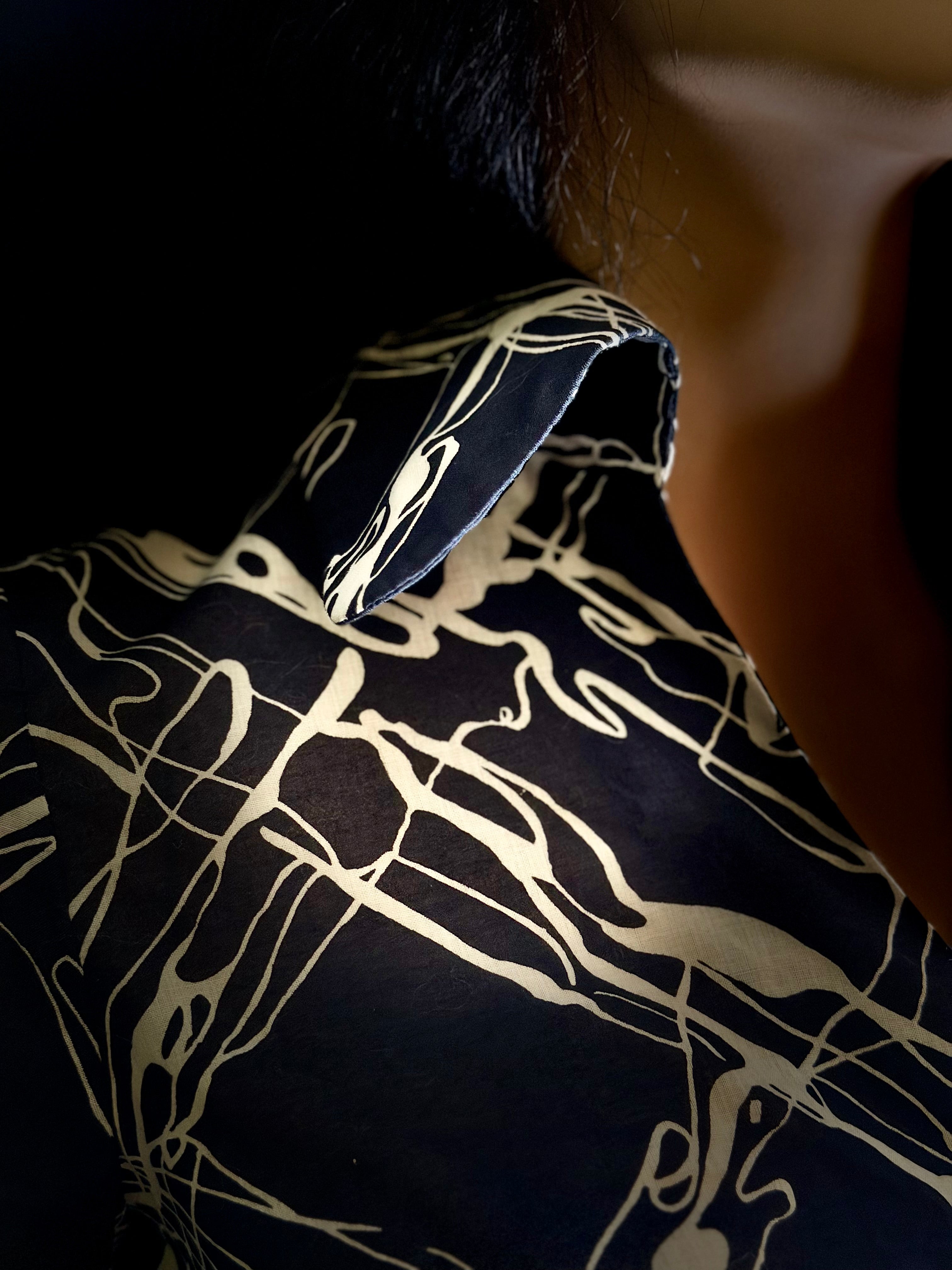Pristine 1950s Abstract Print Dress with Sculptural Collar