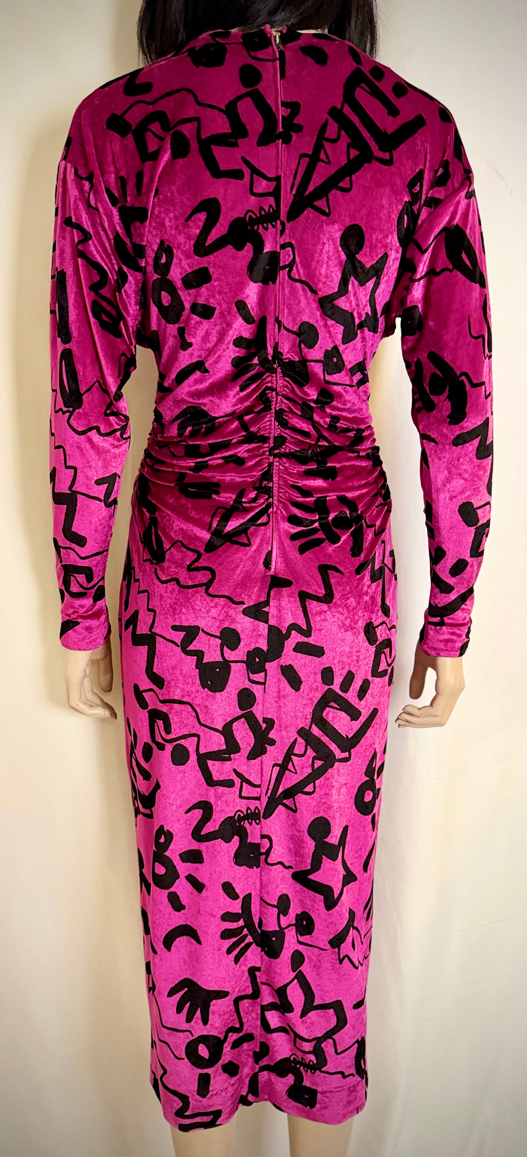 Nicole Miller Vintage Fuchsia Velvet Graphic Print Dress