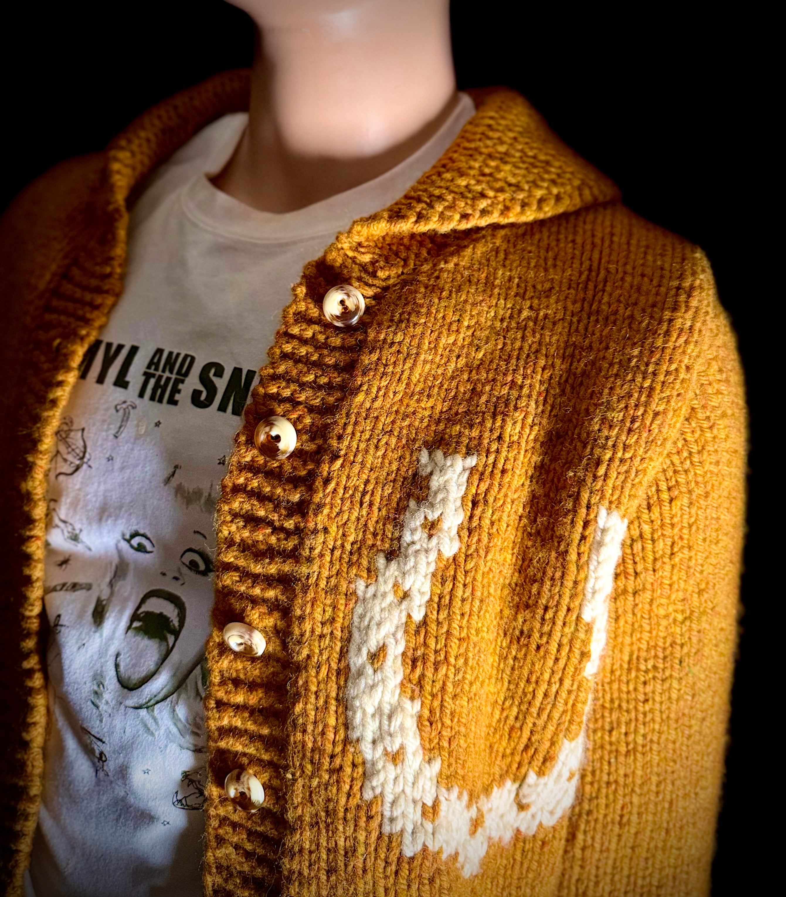 Mid-Century Lined Cowichan Cardigan - Hand-Knit Horse and Rider Motif