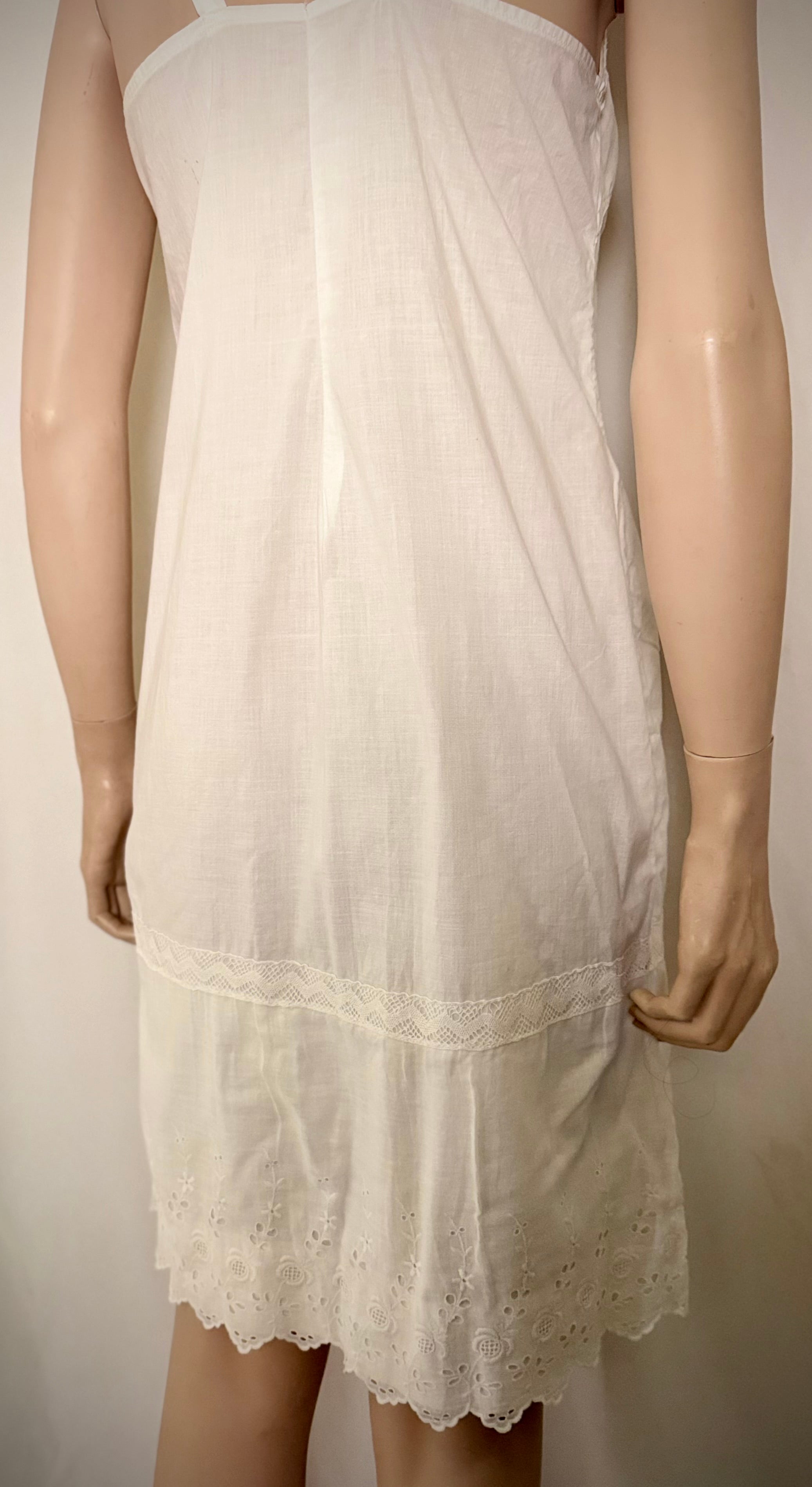 Late 1930s Hand-Made Cotton Slip - Utility Era Eyelet Trim Petticoat