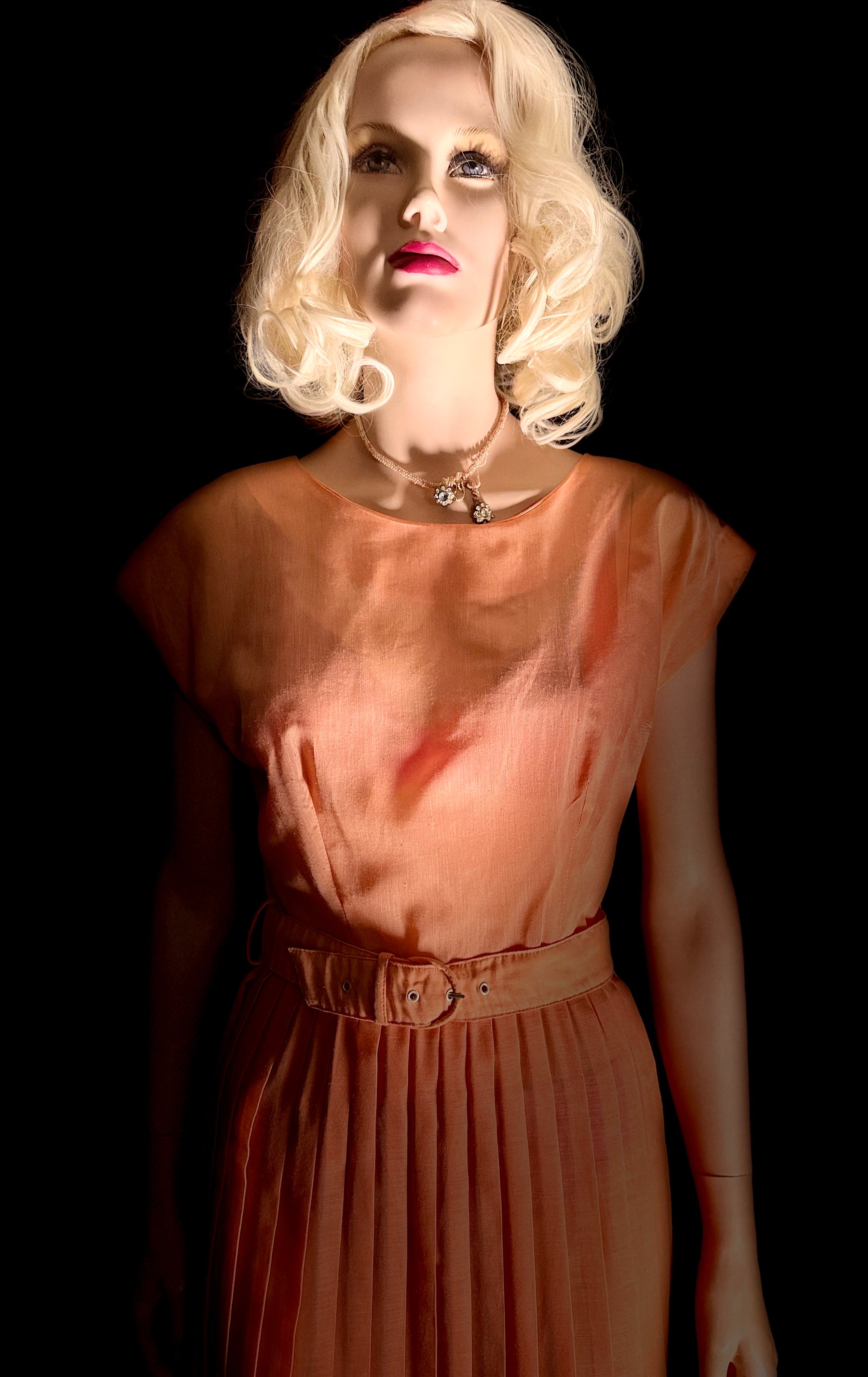 1950s Sheer Peach Knife-Pleat Dress with Original Belt