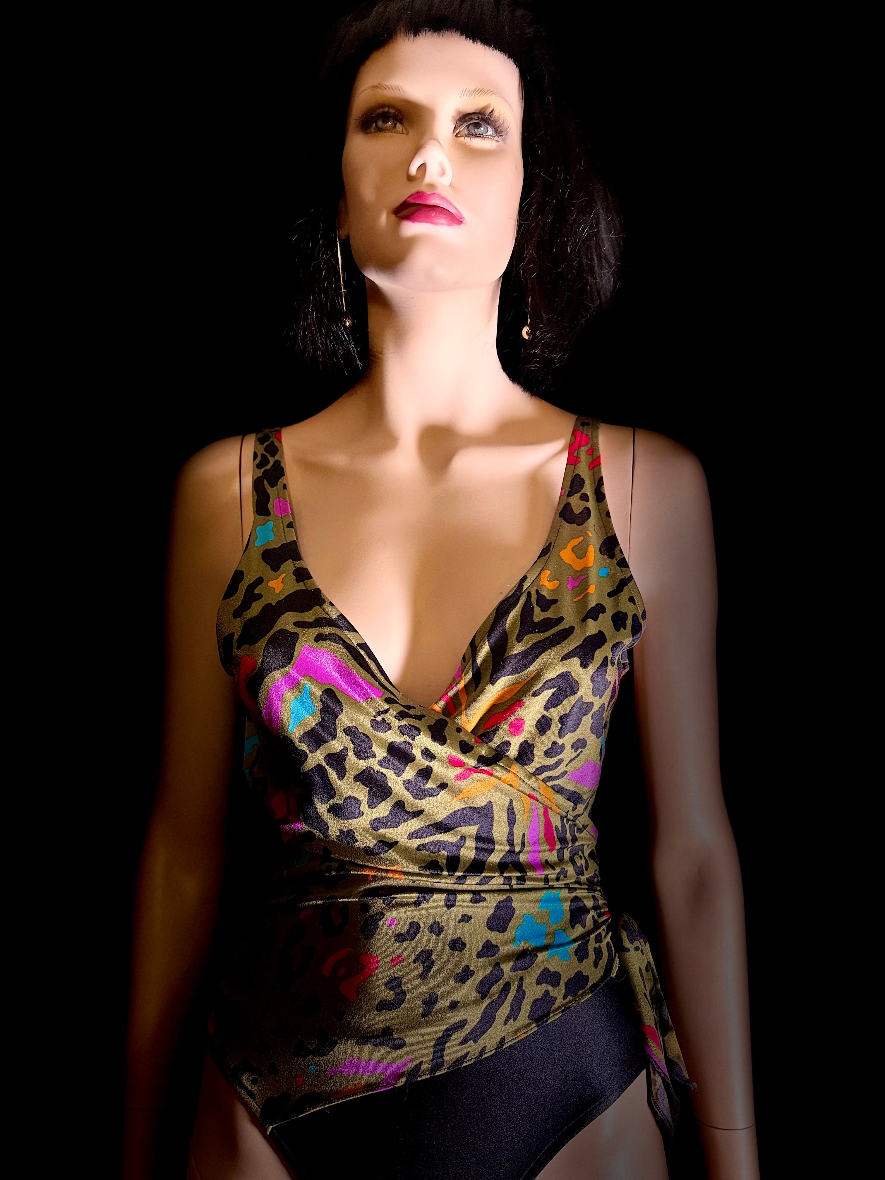Oscar de la Renta Vintage Wrap Swimsuit - Leopard Neon Print - 80s/90s