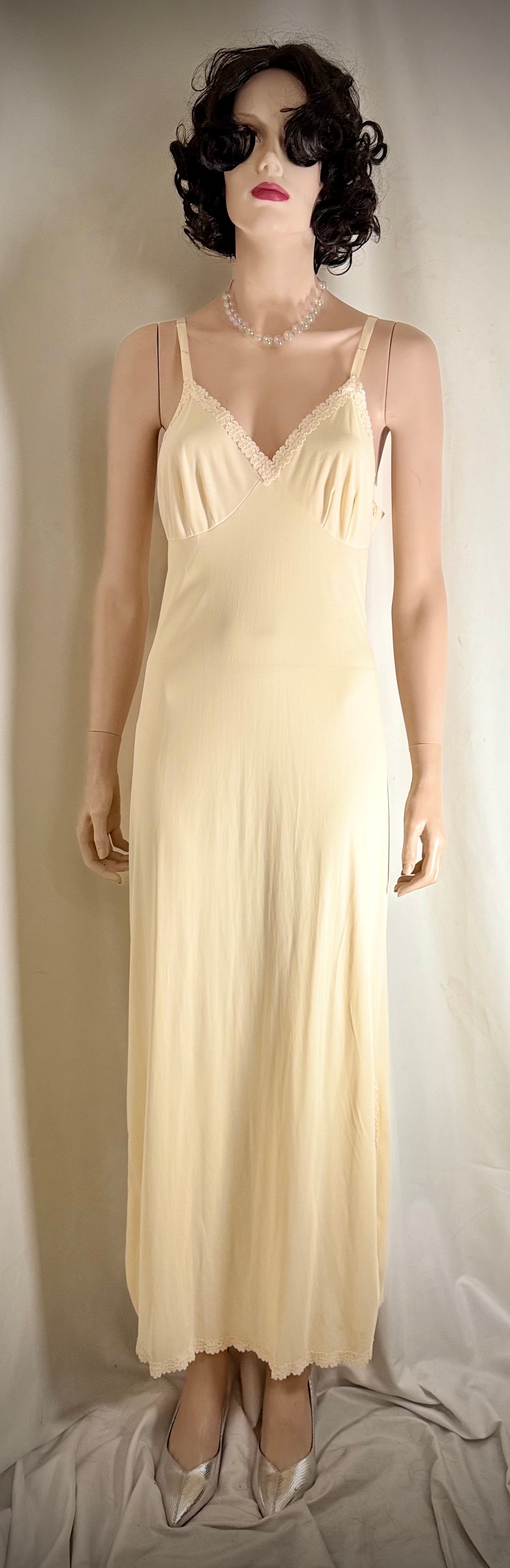 1960s Cream Nylon Slip Dress With Lace Trim