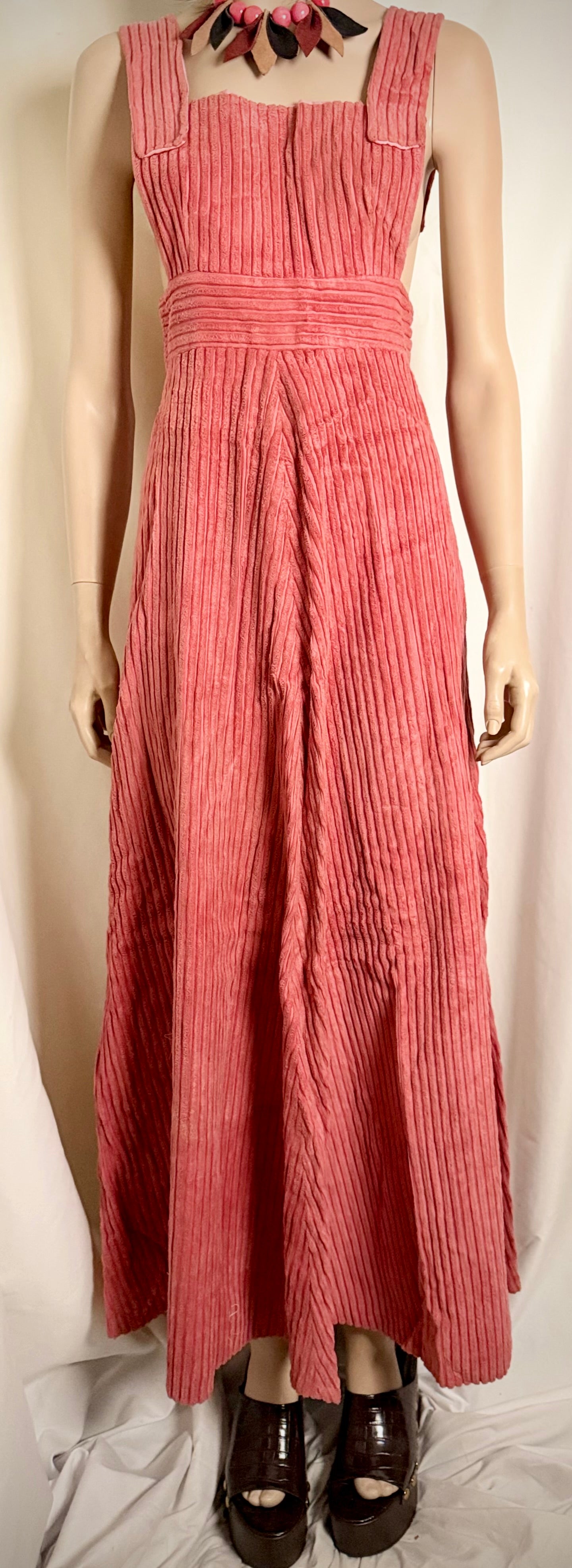 1970s Pink Velvet Corduroy Prairie Dress