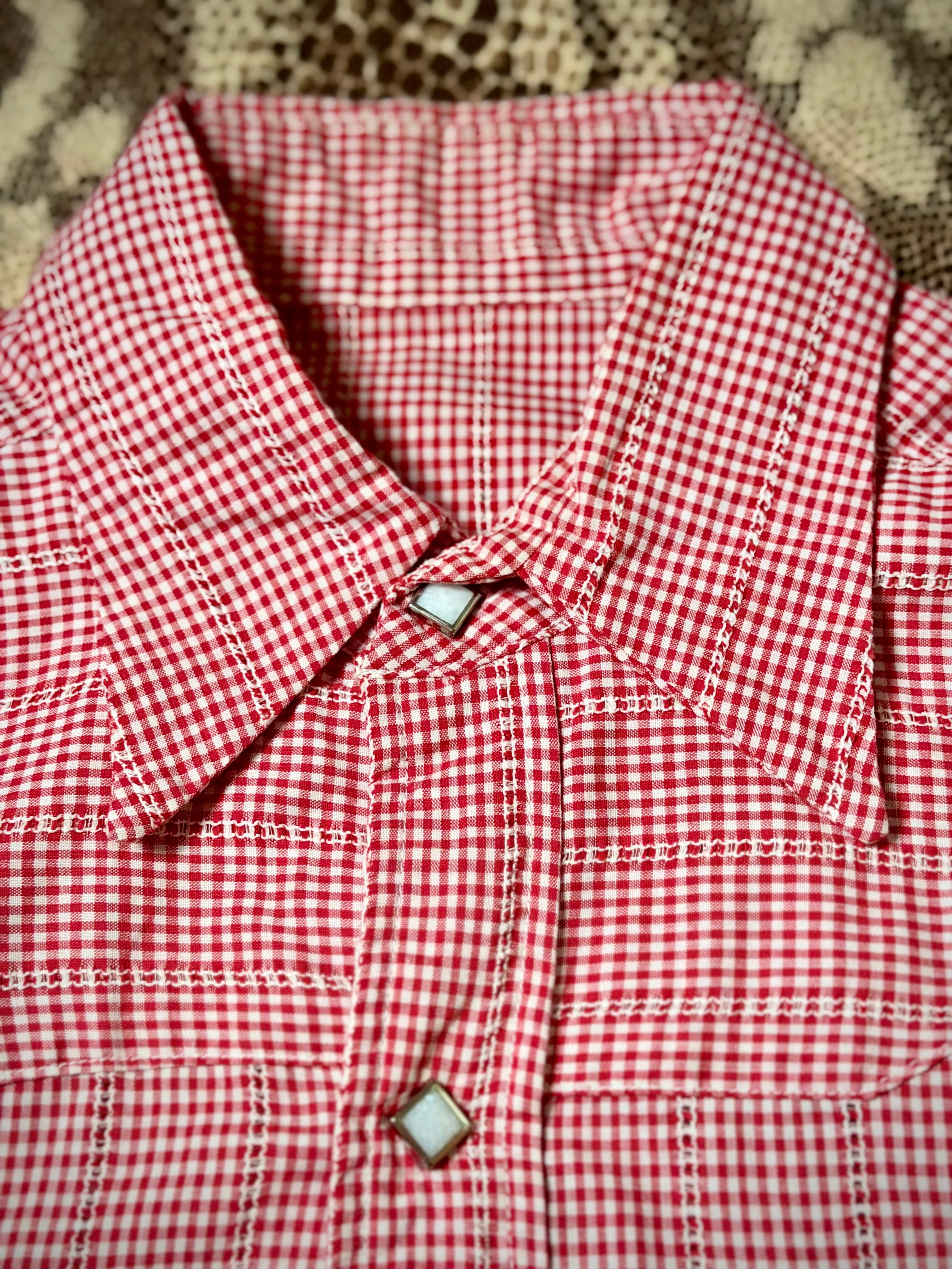 Vintage Red Gingham Western Shirt - Stud Button Detail - Fitted Cotton