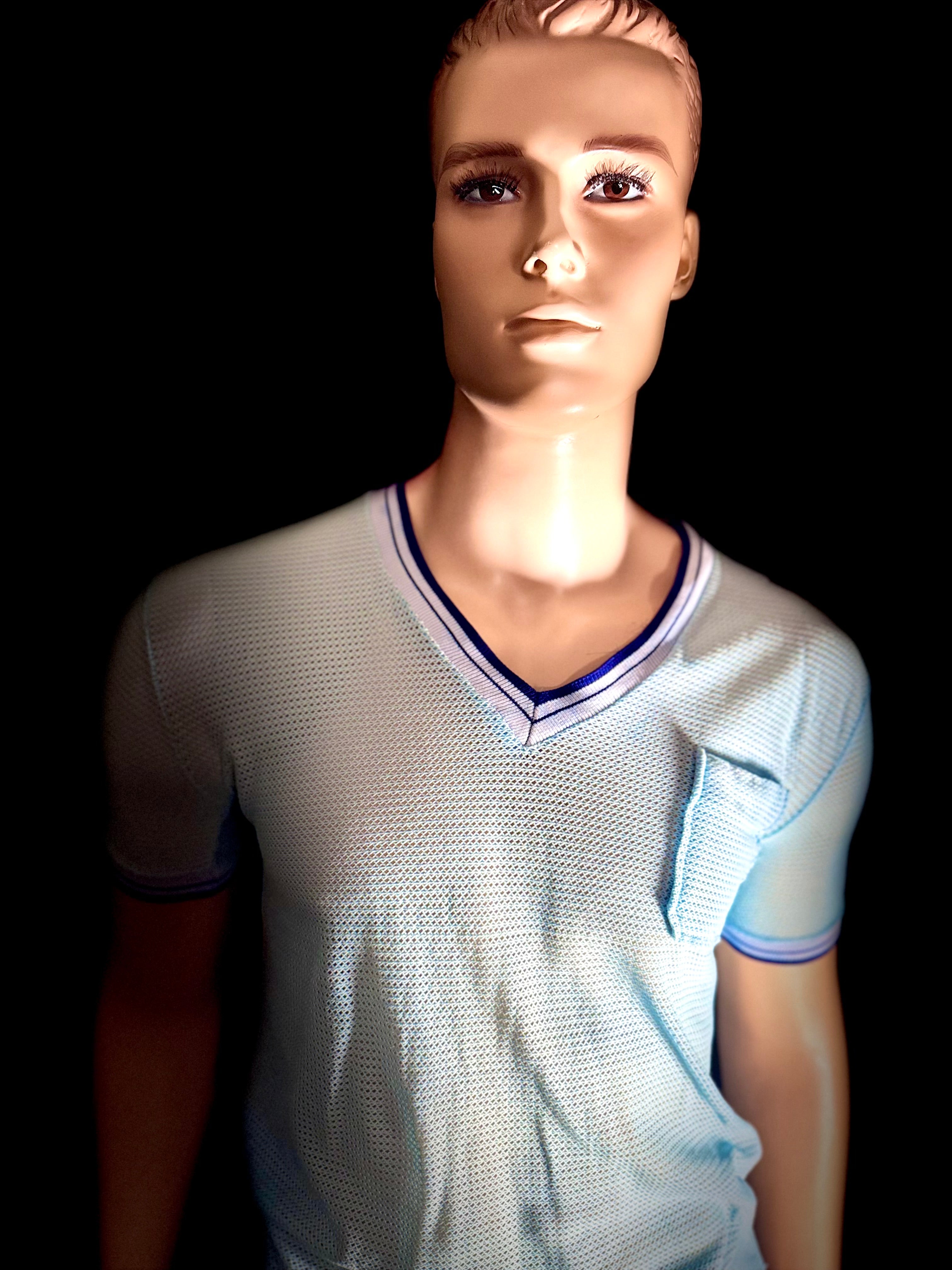 1960s Powder Blue Mesh Athletic Tee - Varsity Trim (Vintage Sportswear)