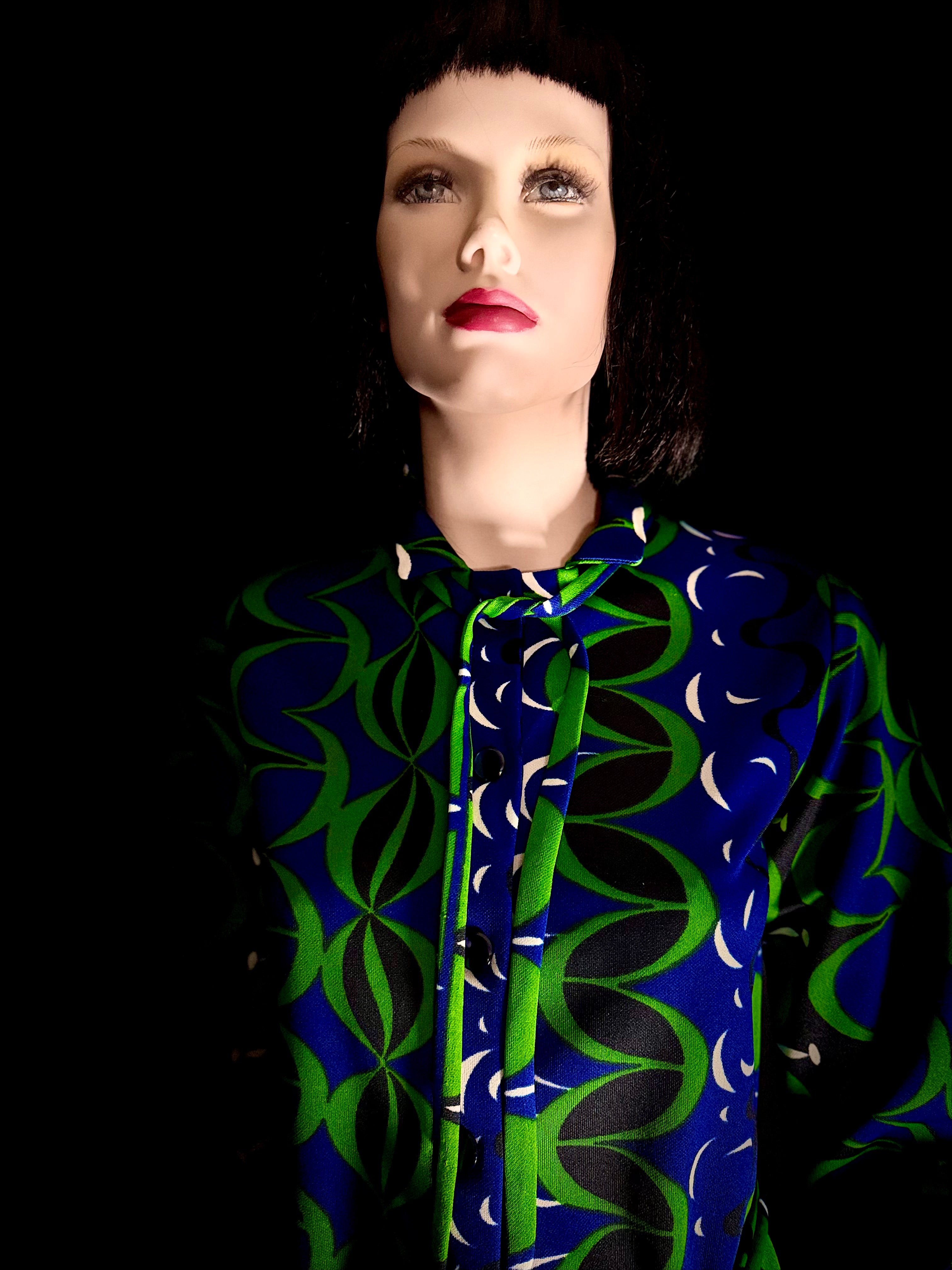 Vintage 1960s Graphic Print Shirt Dress – Blue & Green