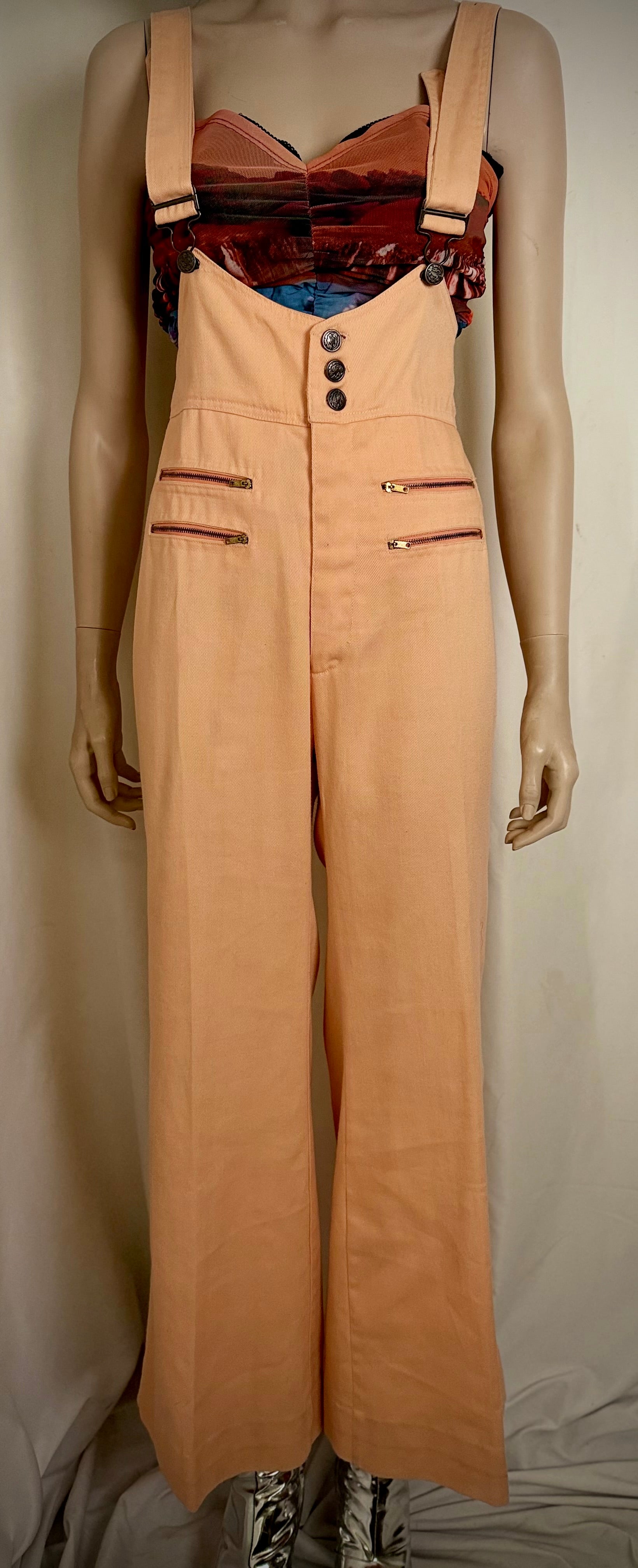 1970s Frederick’s of Hollywood Peach Cotton Flared Jumpsuit Overalls