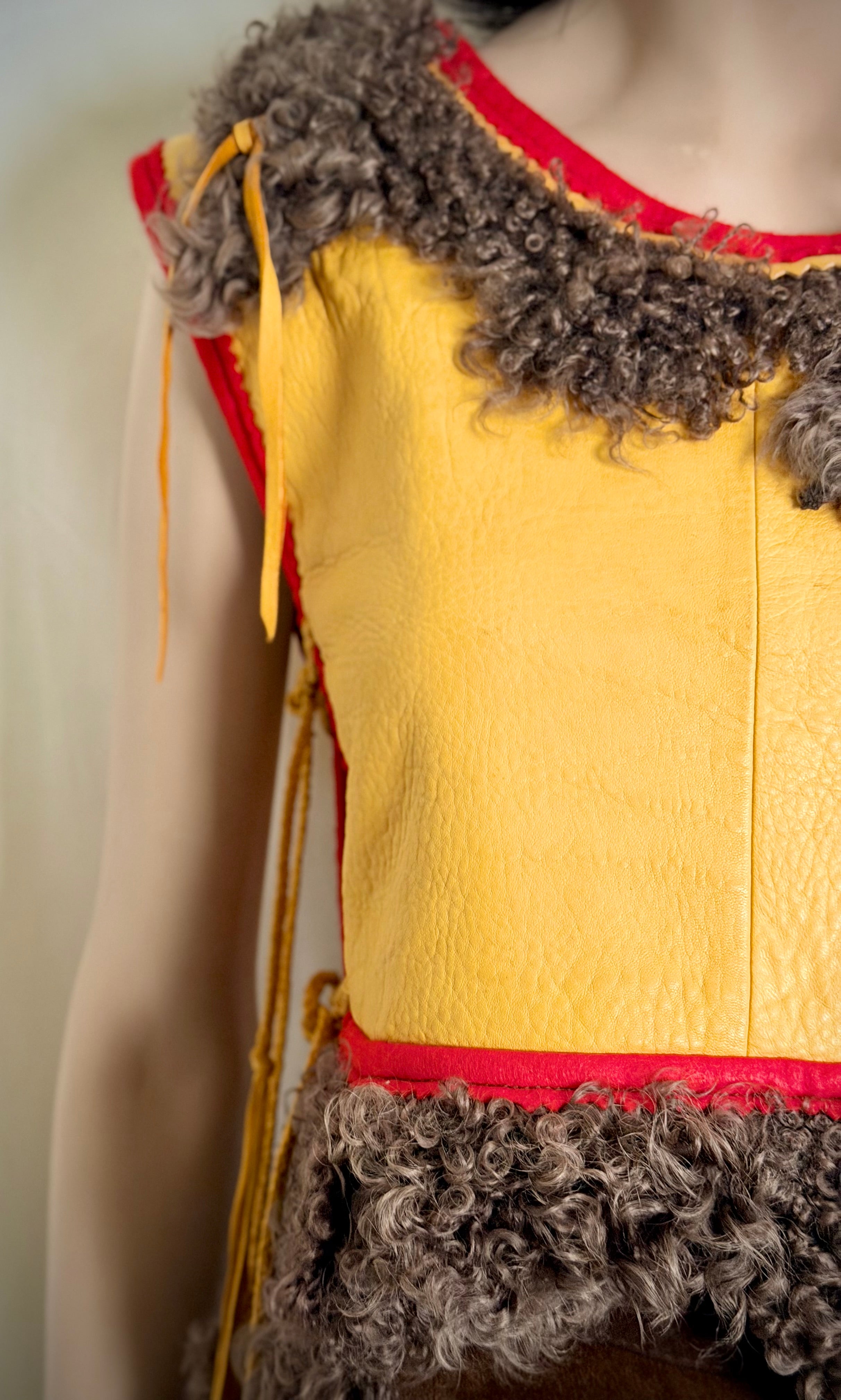 Rare 1970s Handmade Char Designs Leather and Mongolian Lamb Fur Vest