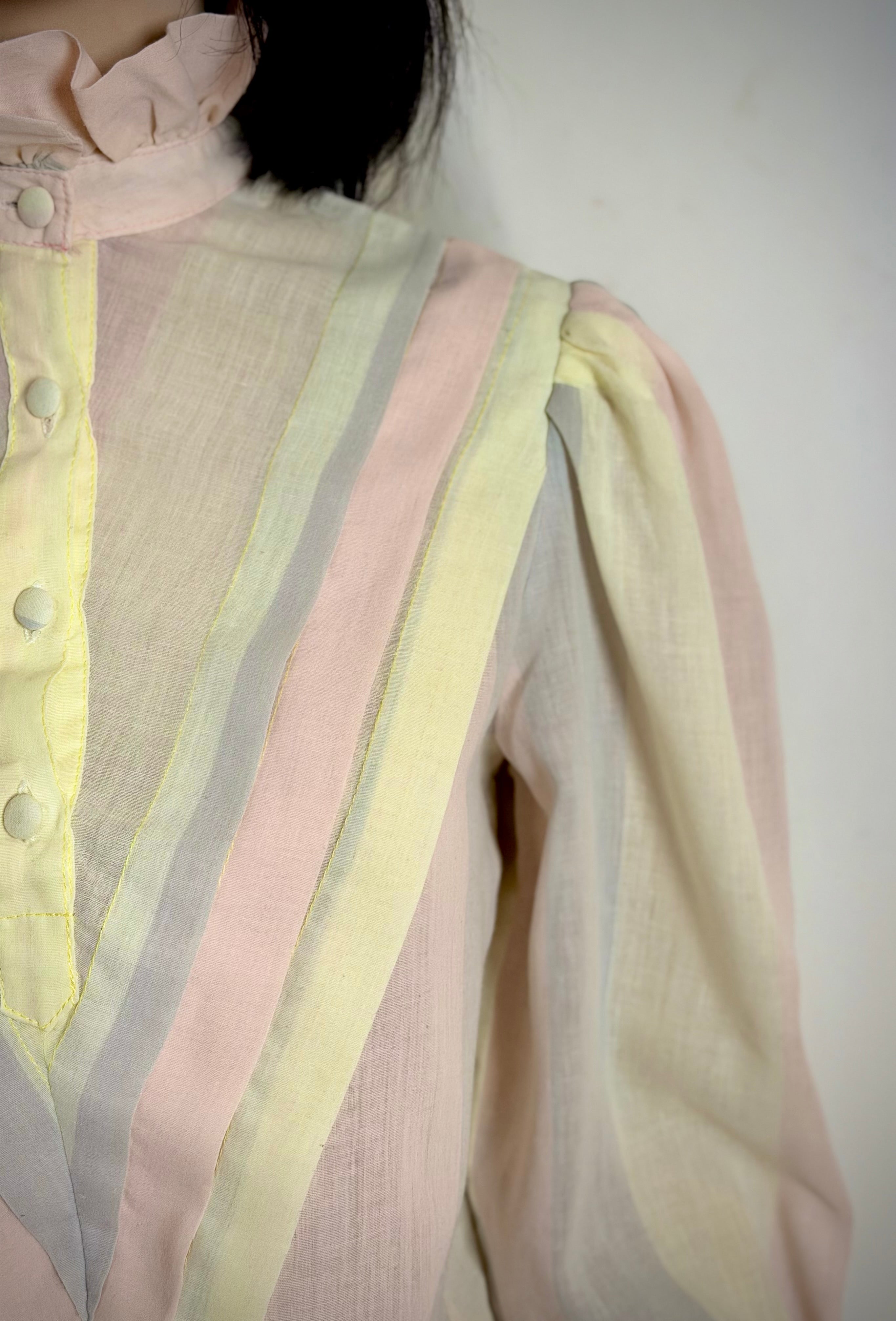 1980s Pastel Stripe Leg of Mutton Cotton Blouse