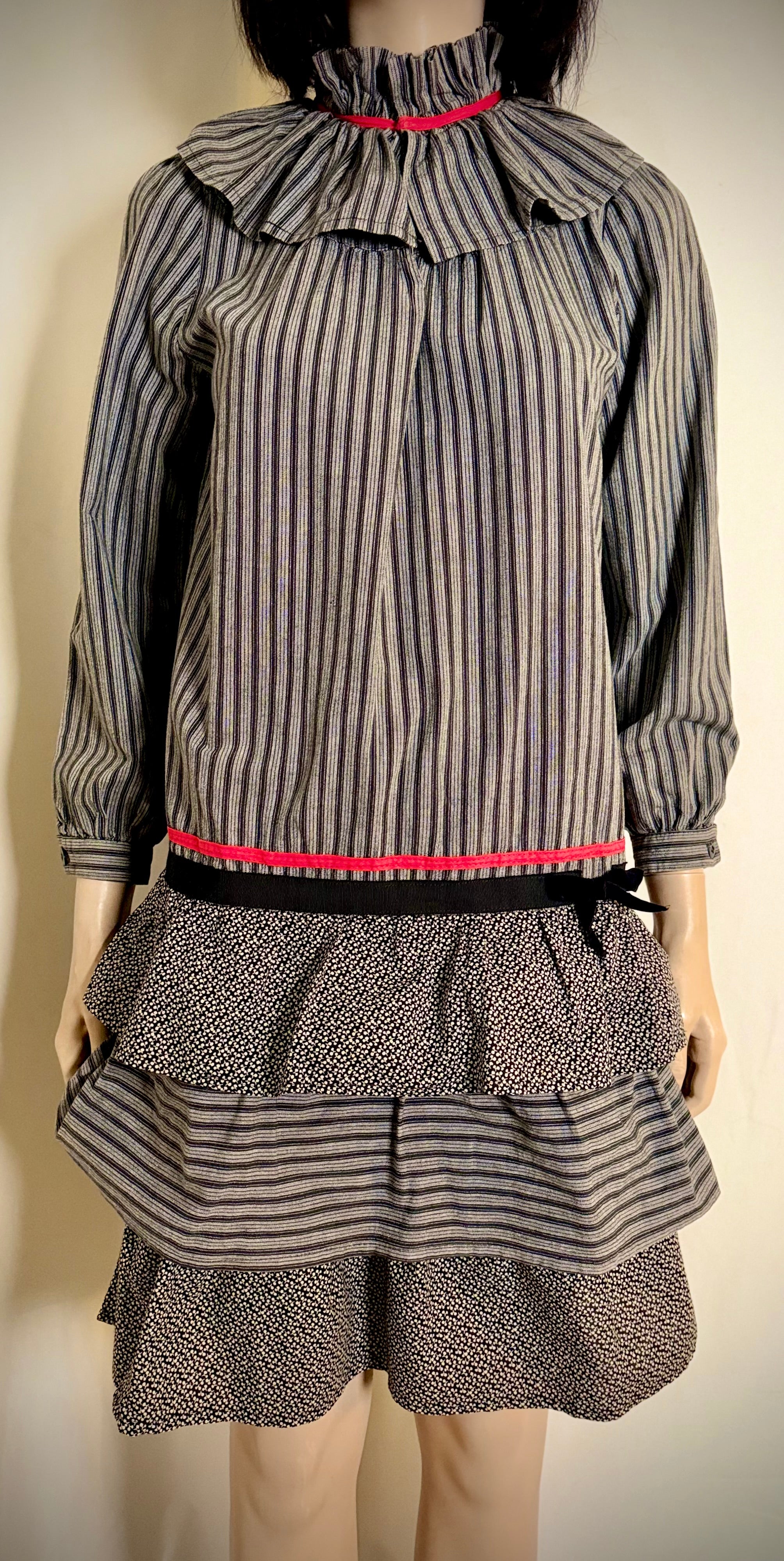 1970s-1980s Prairie Ruffle Dress with Pierrot Collar