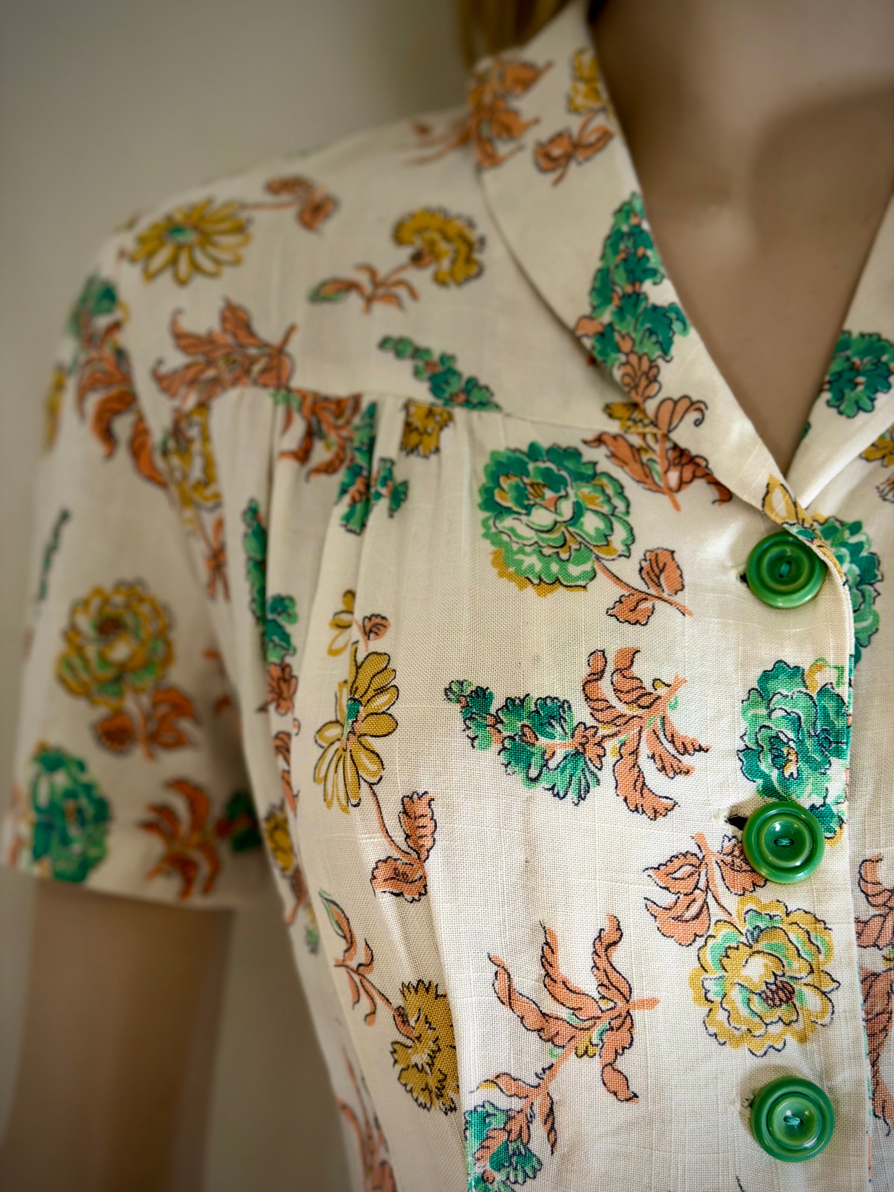 Late 1930s- Early 1940s Hand-Sewn Floral Day Dress with Original Green Buttons