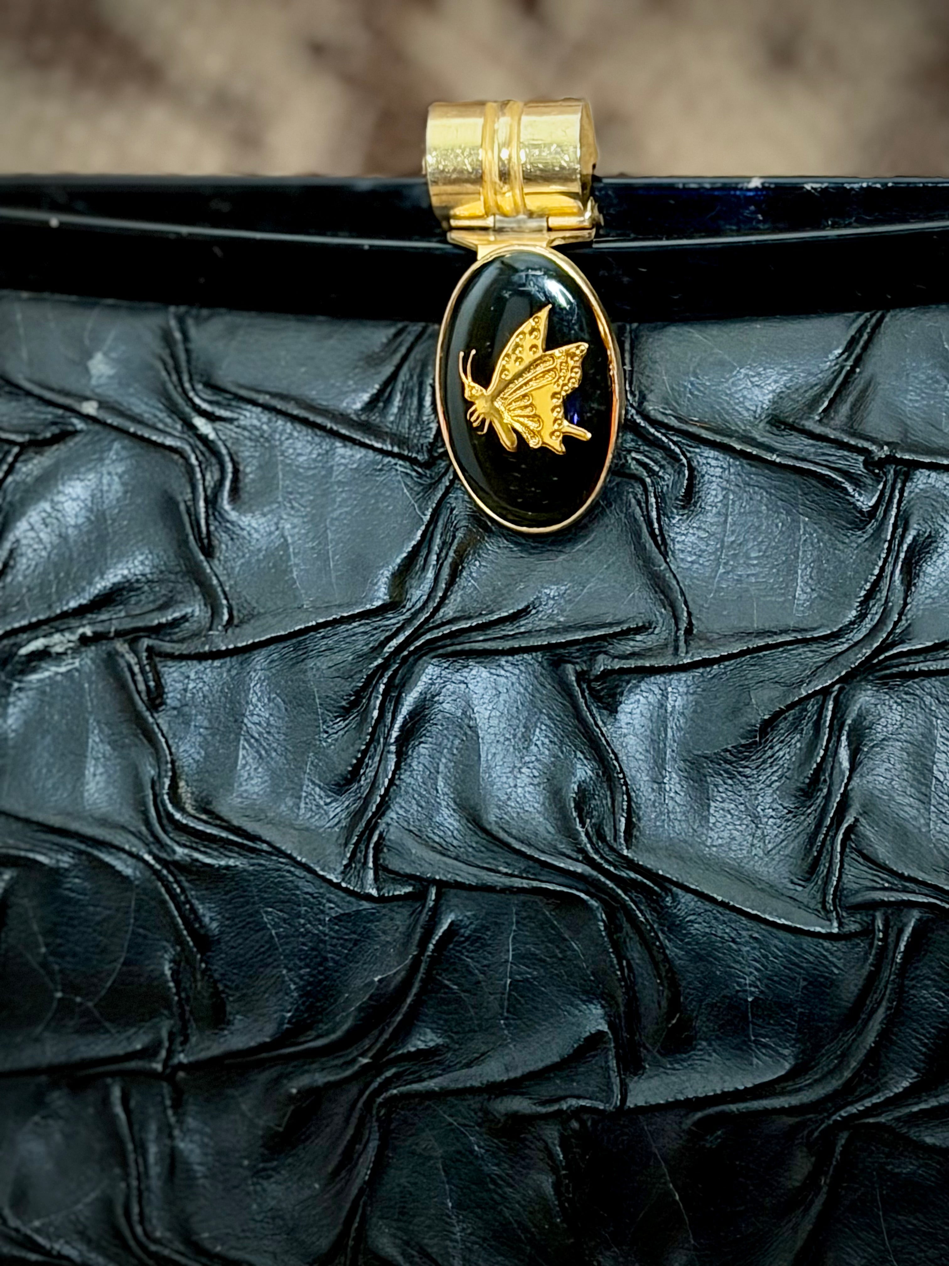 Late 50s-Early 60s Black Gathered Leather Shoulder Bag with Gold Butterfly Clasp