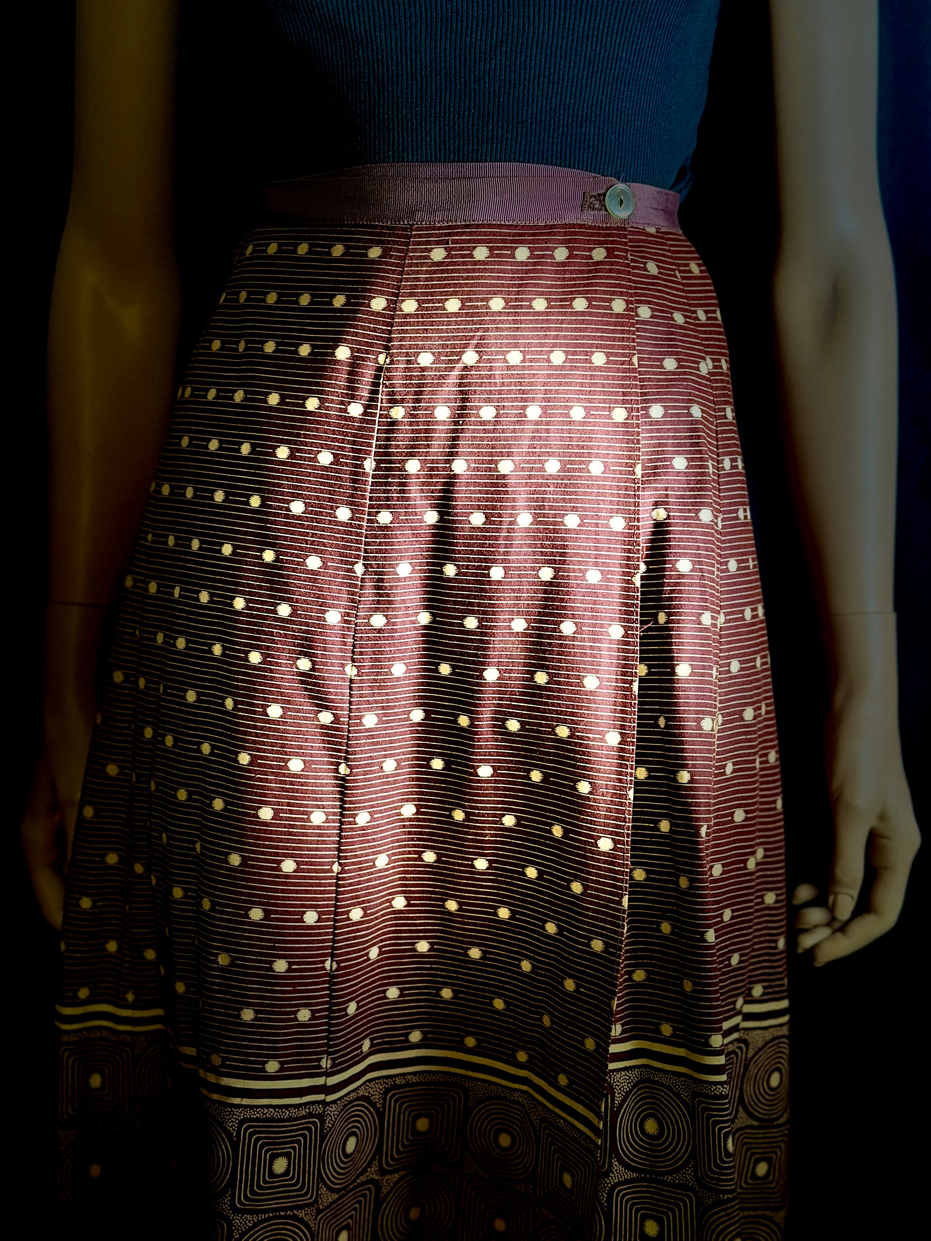 1970s Graphic Wrap Skirt with Geometric Border Print