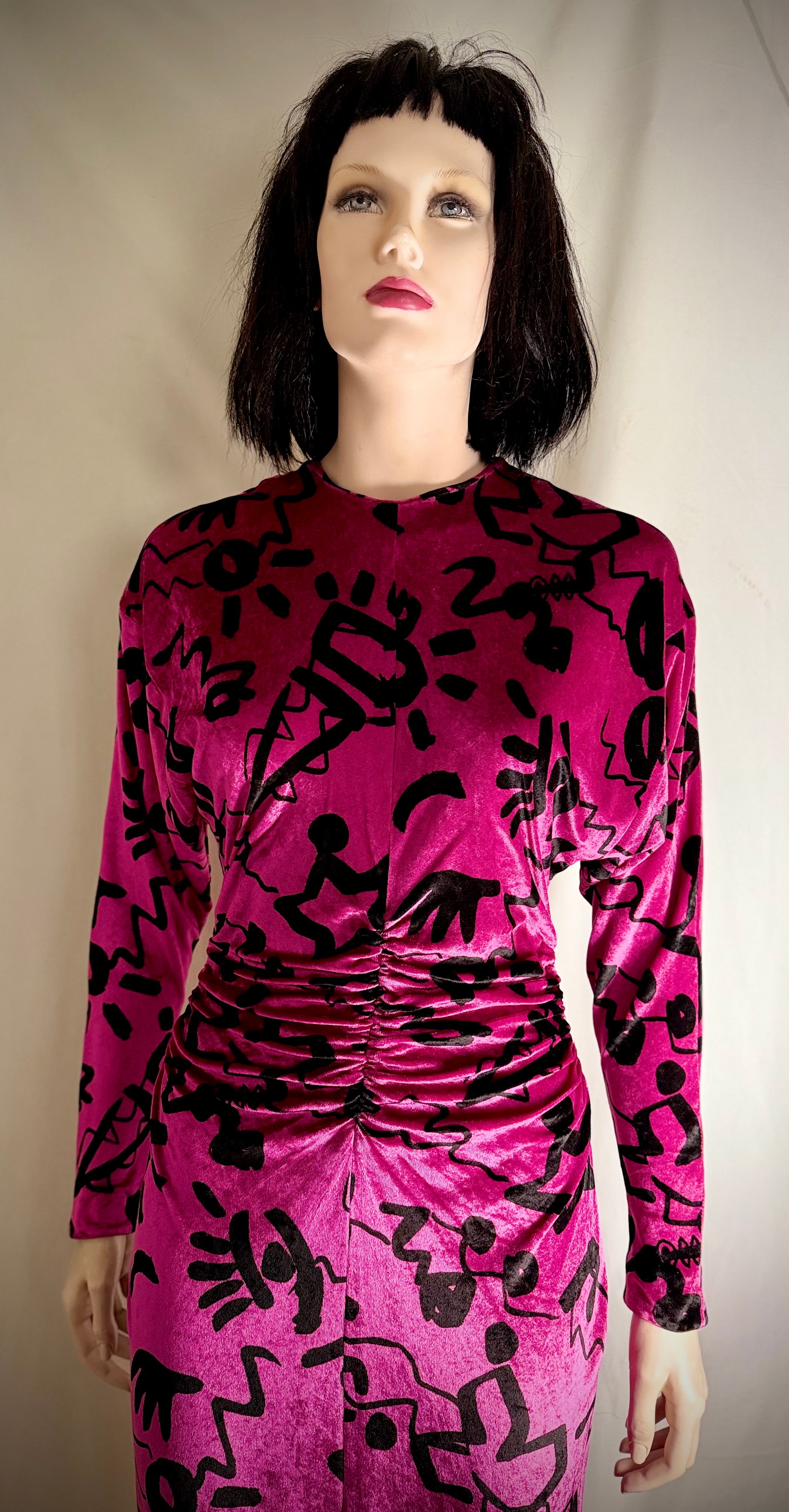 Nicole Miller Vintage Fuchsia Velvet Graphic Print Dress