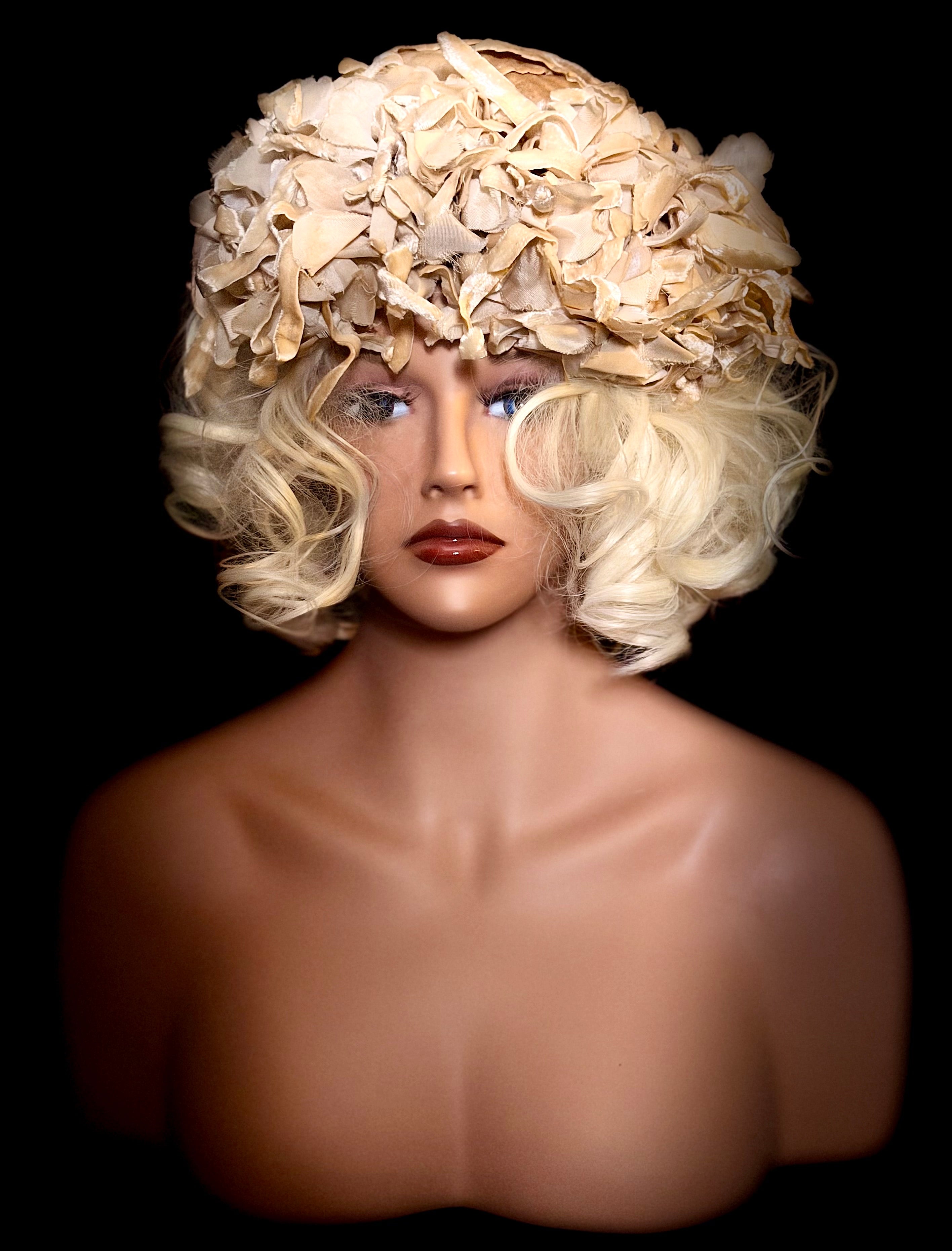 1950s Cream Velvet Leaf & Ribbon Sculptural Hat