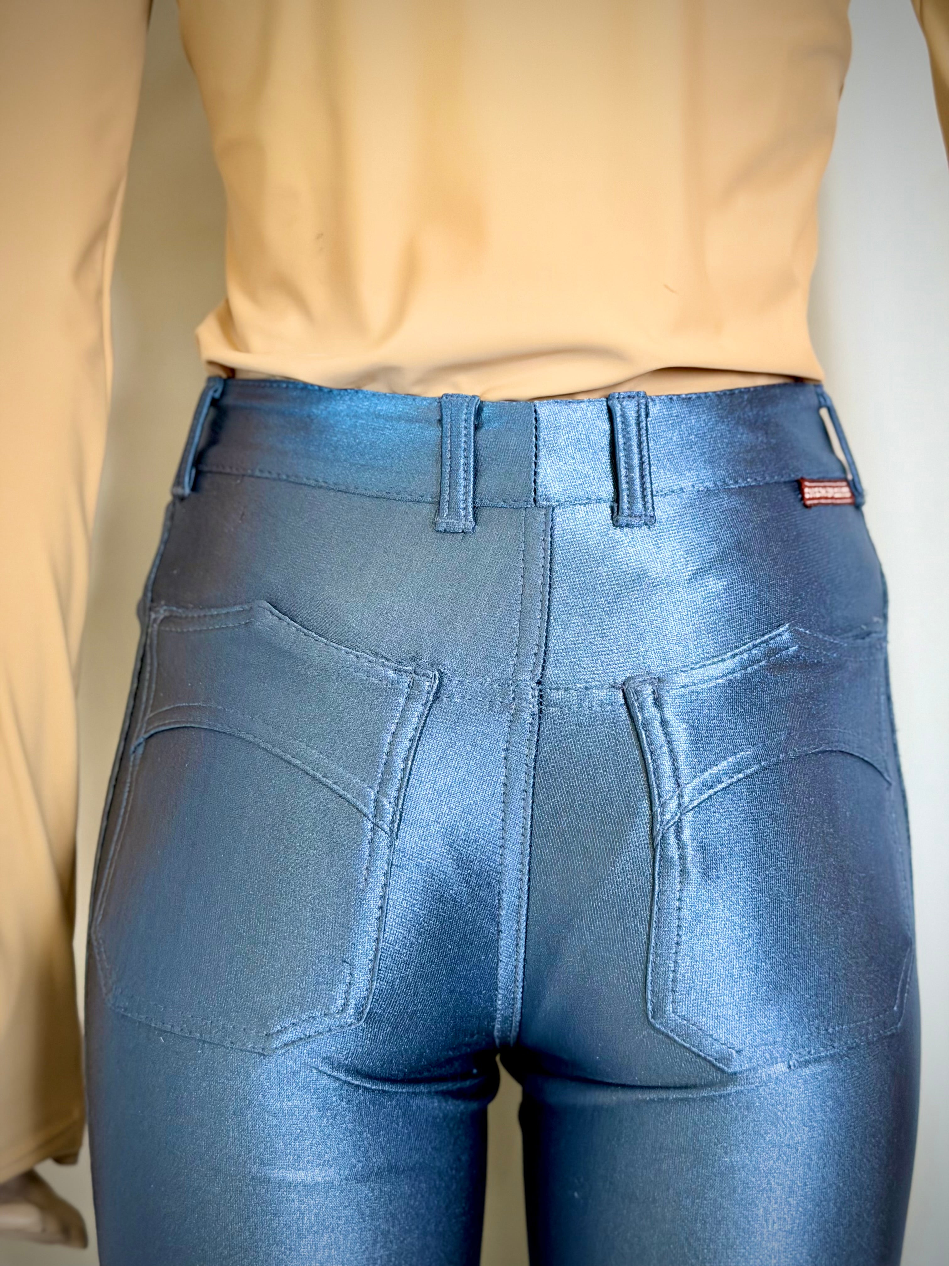 Vintage 70s Chemin de Fer Metallic Blue Flared Pants