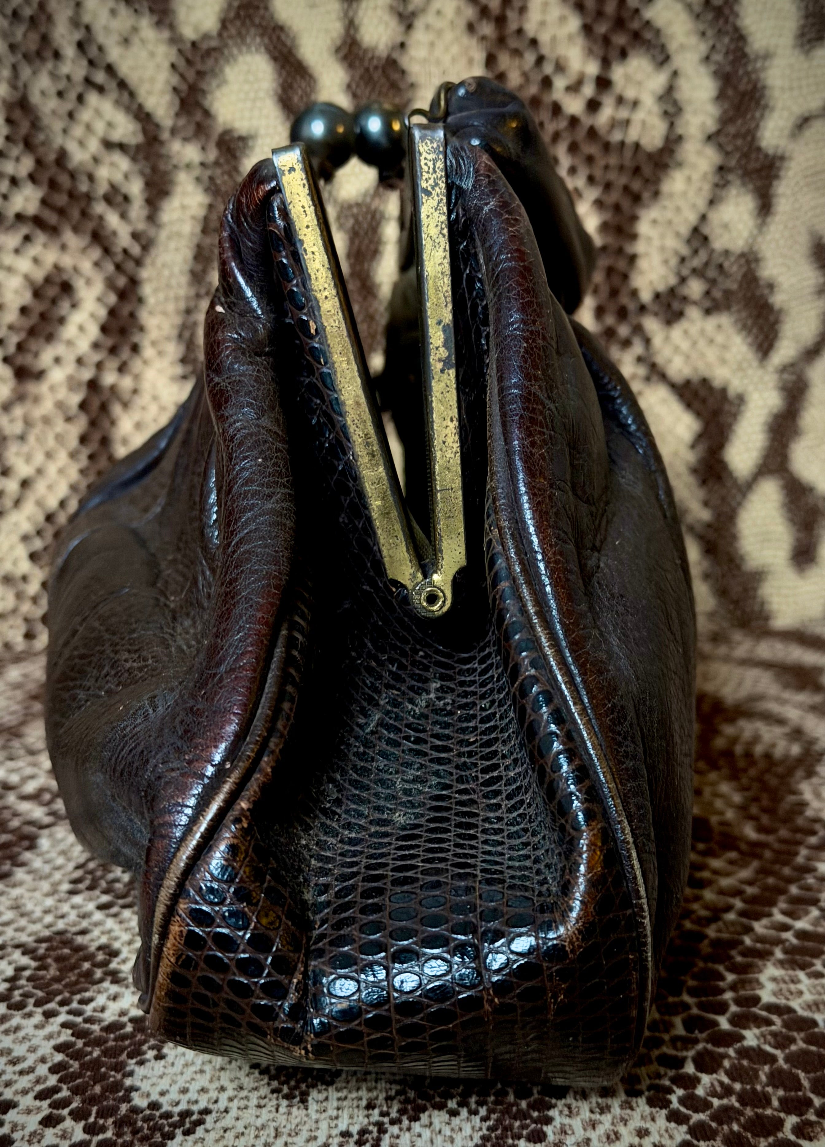 Late 1930s-1940s Leather and Reptile Skin Frame Handbag