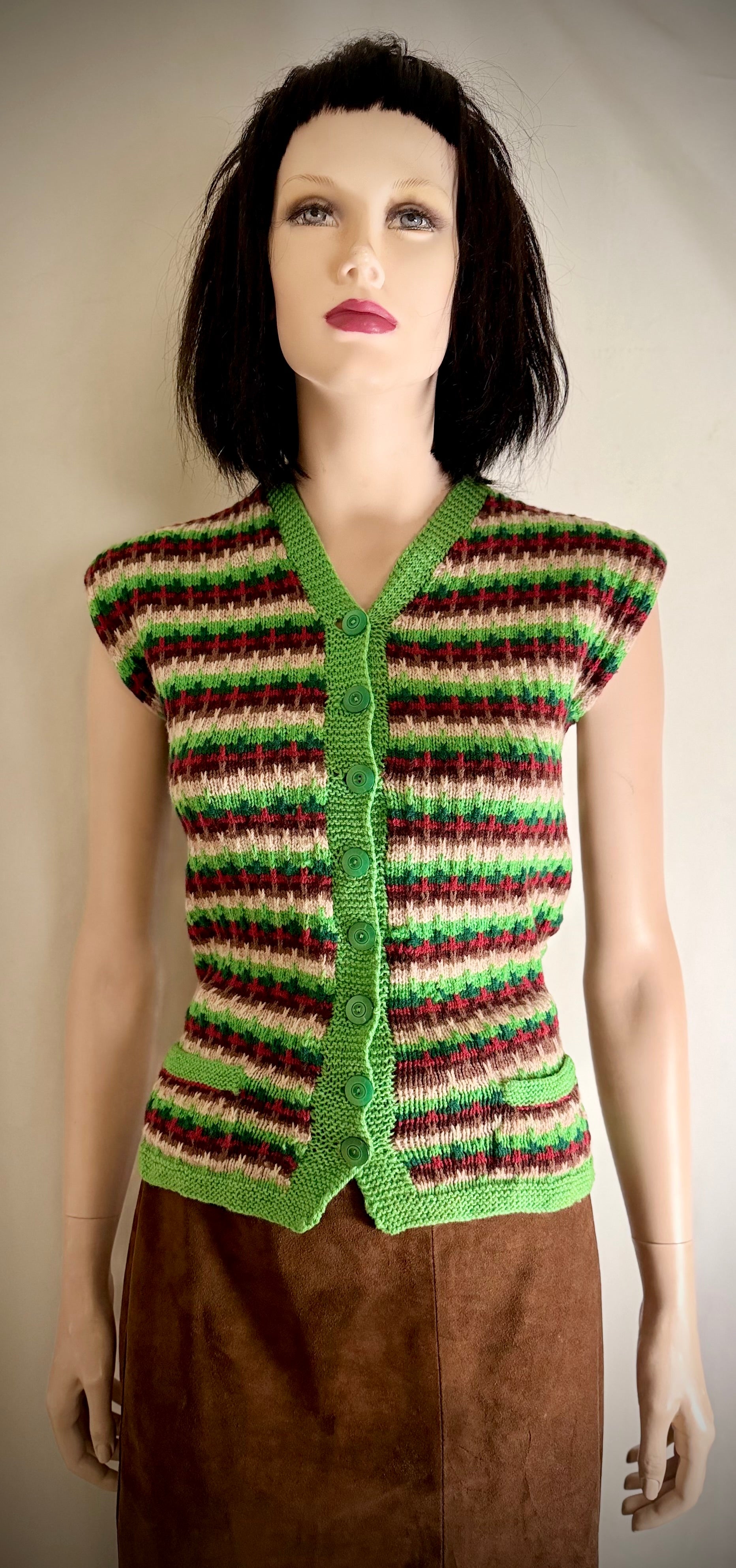 1940s-50s Hand-Knitted Wool Vest | Folk Stripe Knit