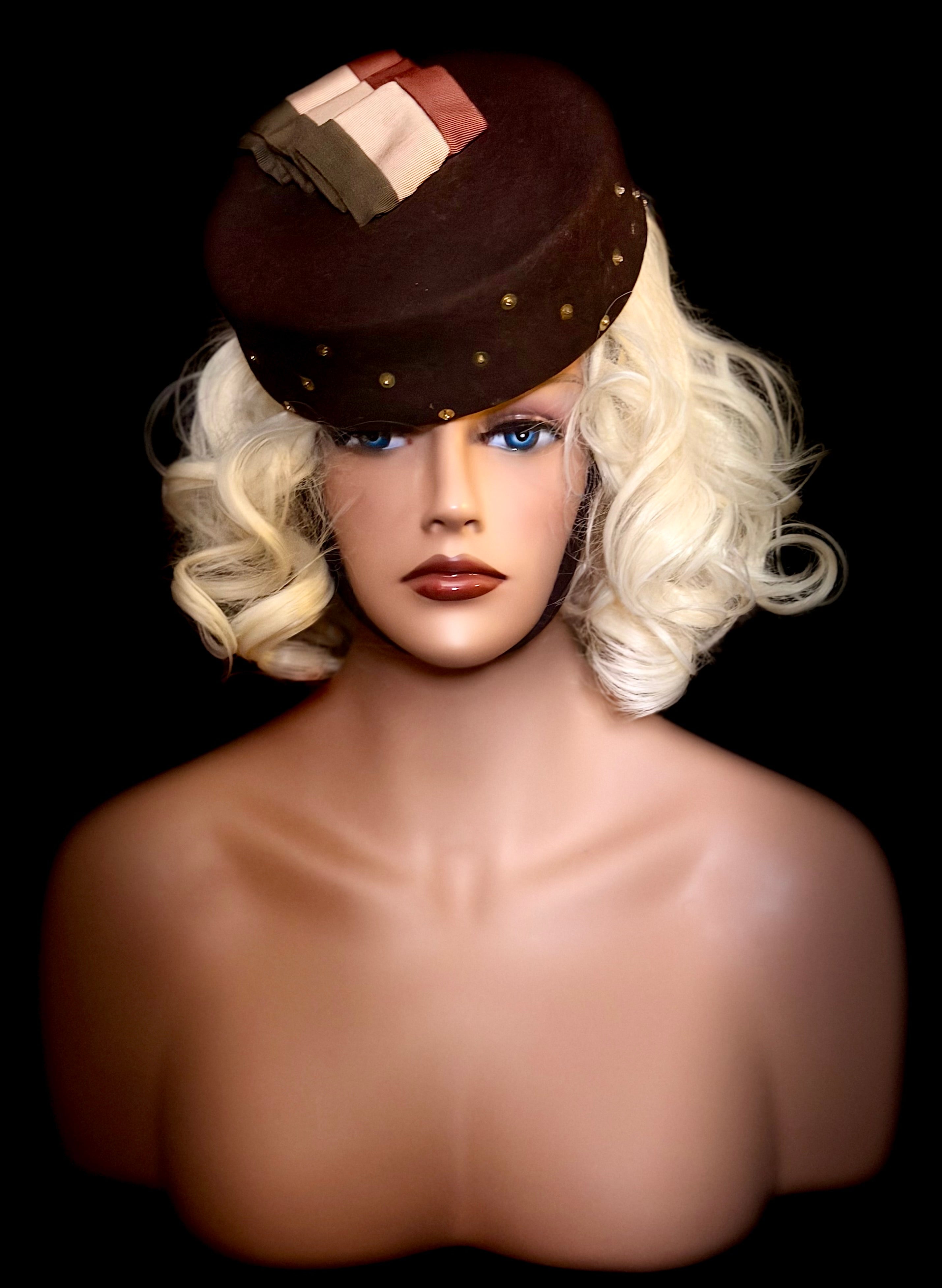 Immaculate Mid-Century Chocolate Brown Felt Cocktail Hat with Sequin Detail & Grosgrain Ribbon Trim
