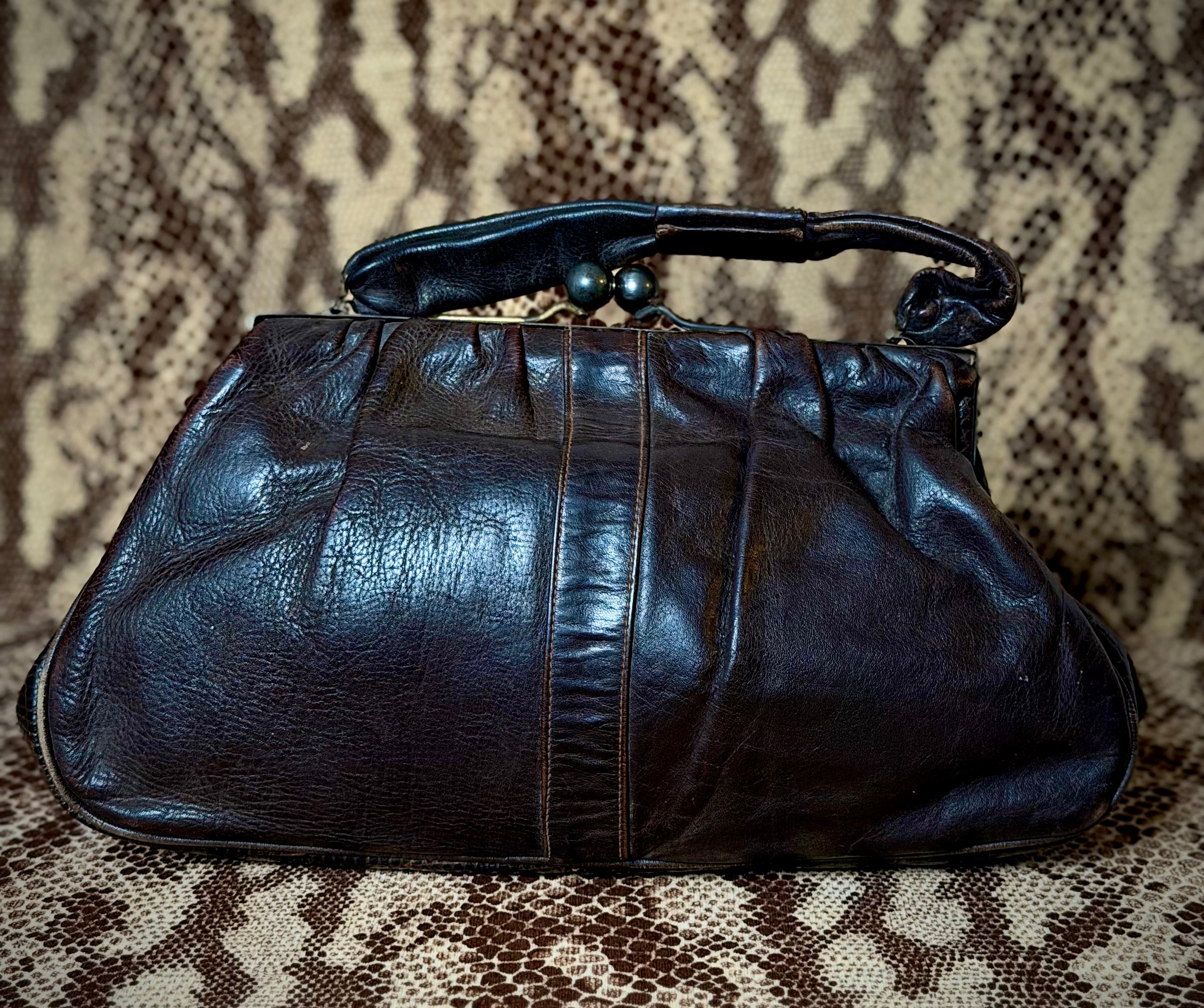 Late 1930s-1940s Leather and Reptile Skin Frame Handbag