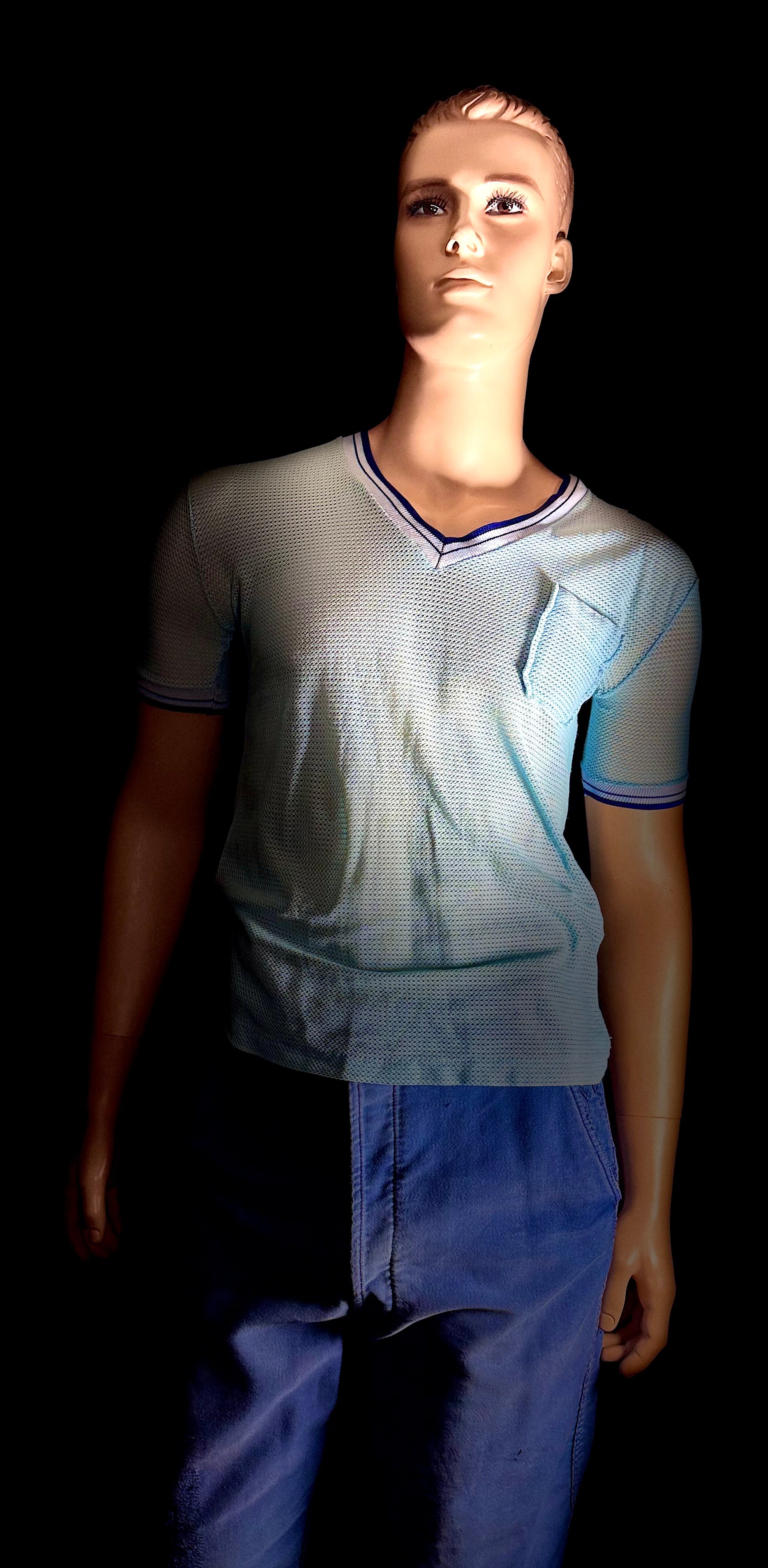 1960s Powder Blue Mesh Athletic Tee - Varsity Trim (Vintage Sportswear)