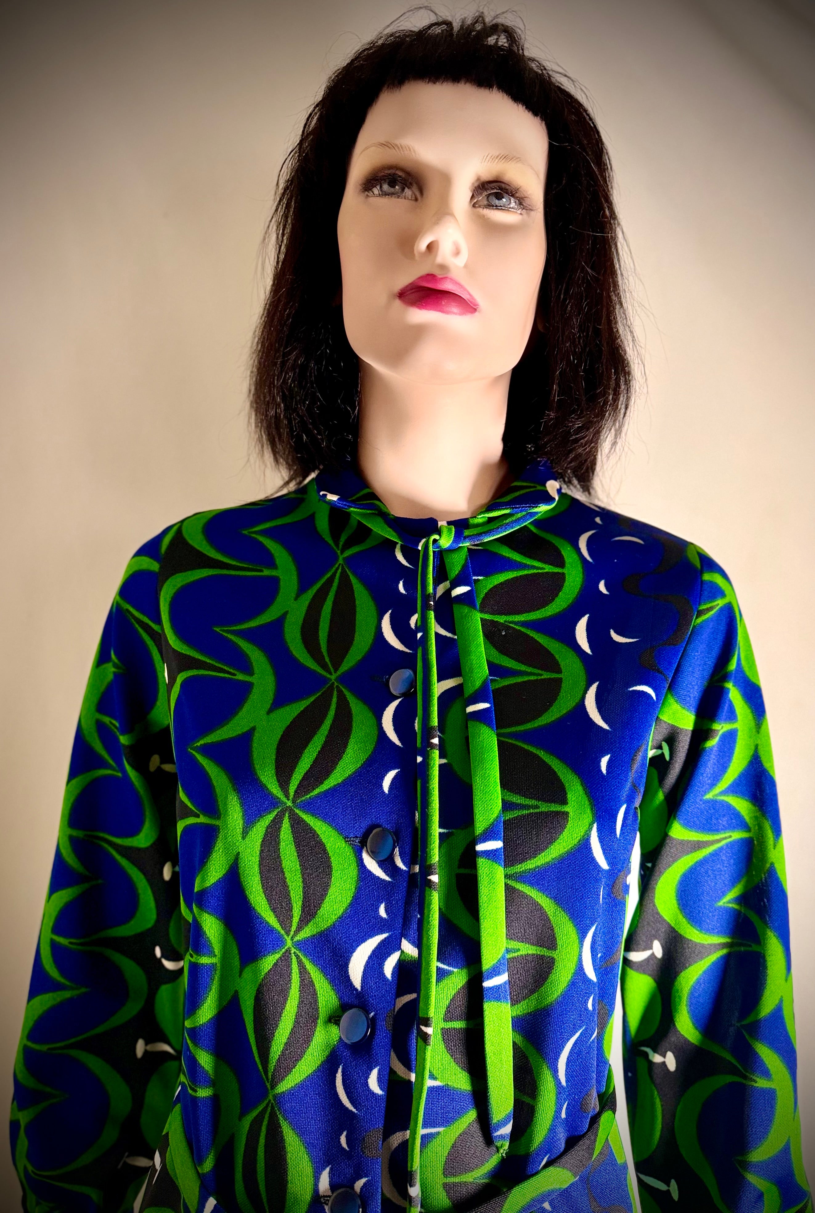 Vintage 1960s Graphic Print Shirt Dress – Blue & Green