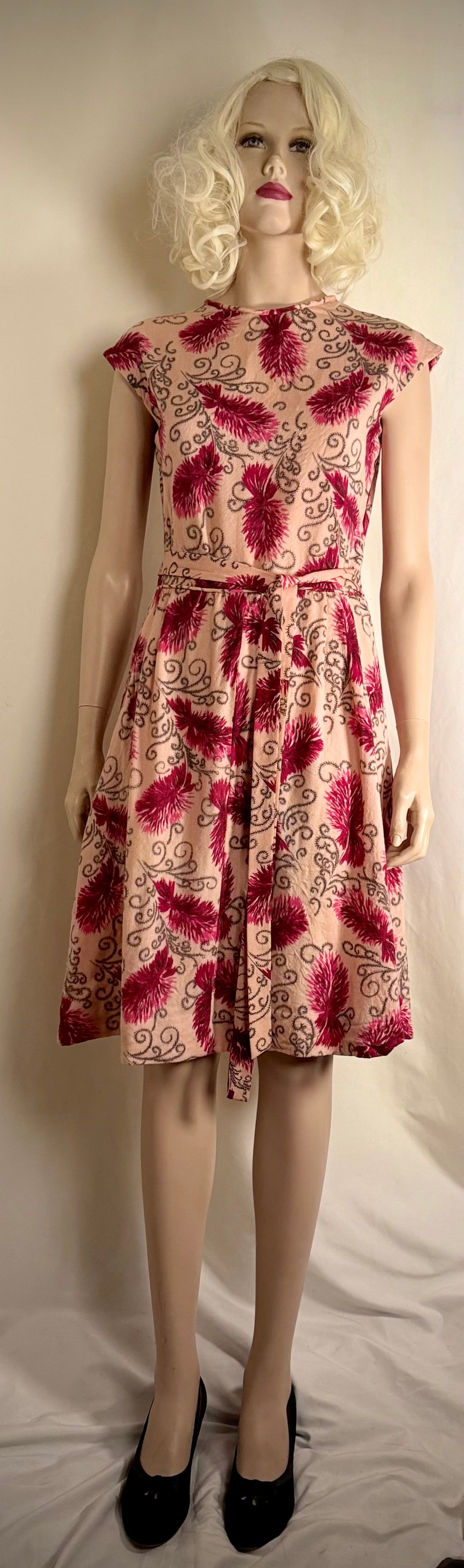 Circa 1940s Cotton Day Dress with Raspberry Print- Professionally Restored
