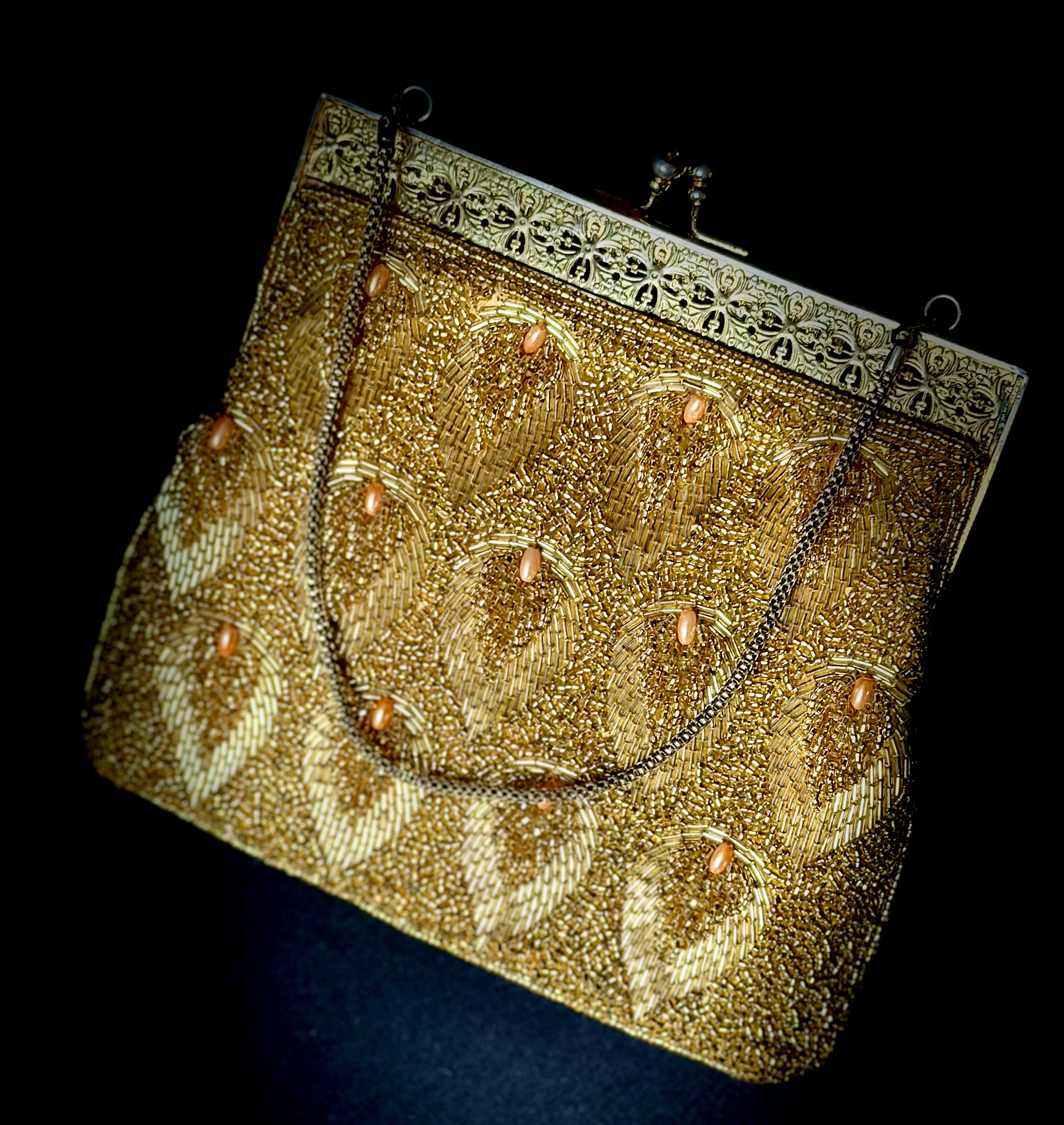 Evening Bag - 1950s Gold Beaded Clutch with Floral Filigree Frame”