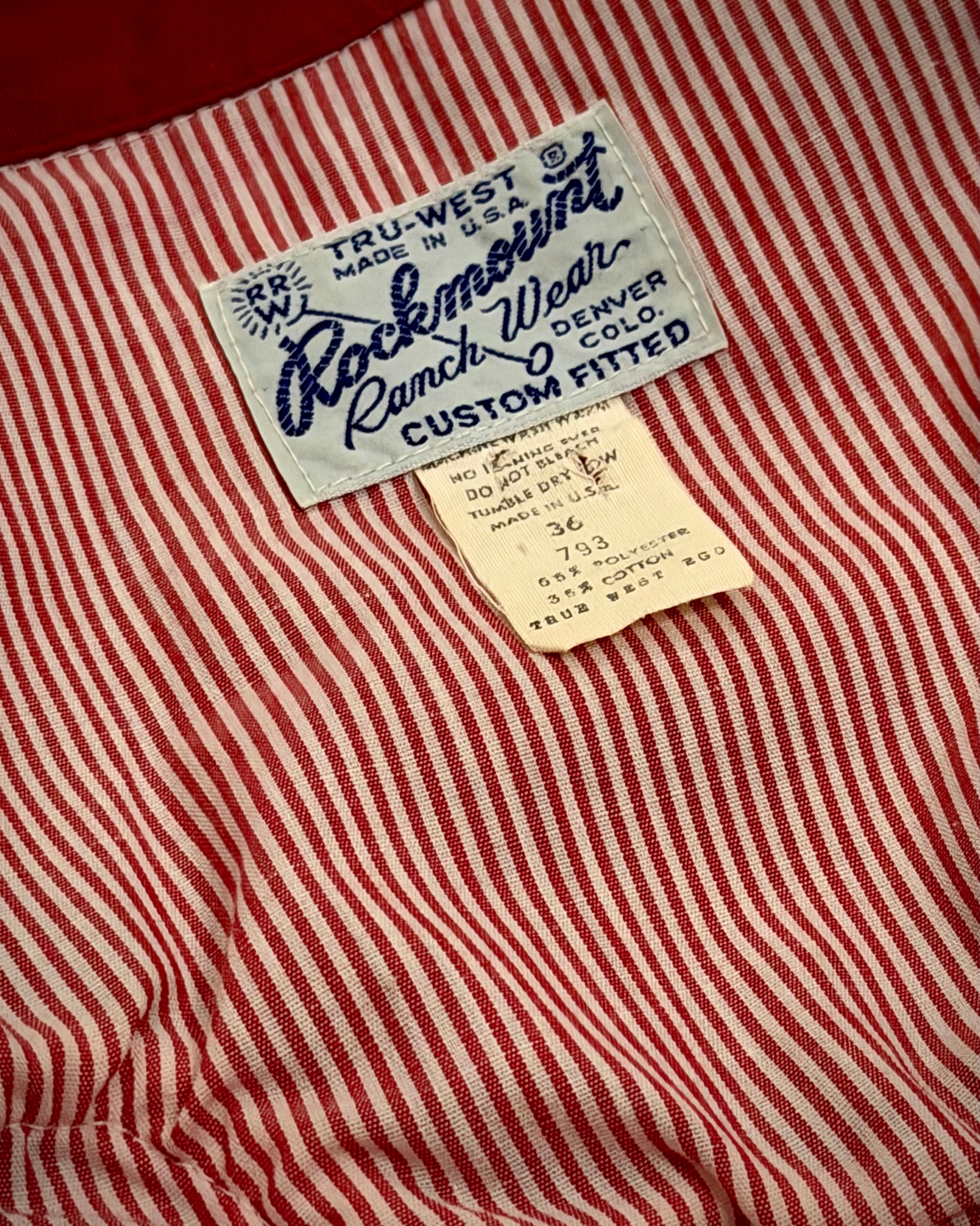 1970's-1980's Deadstock Candy Stripe Rockmount
Ranch Wear Shirt- Made in USA.