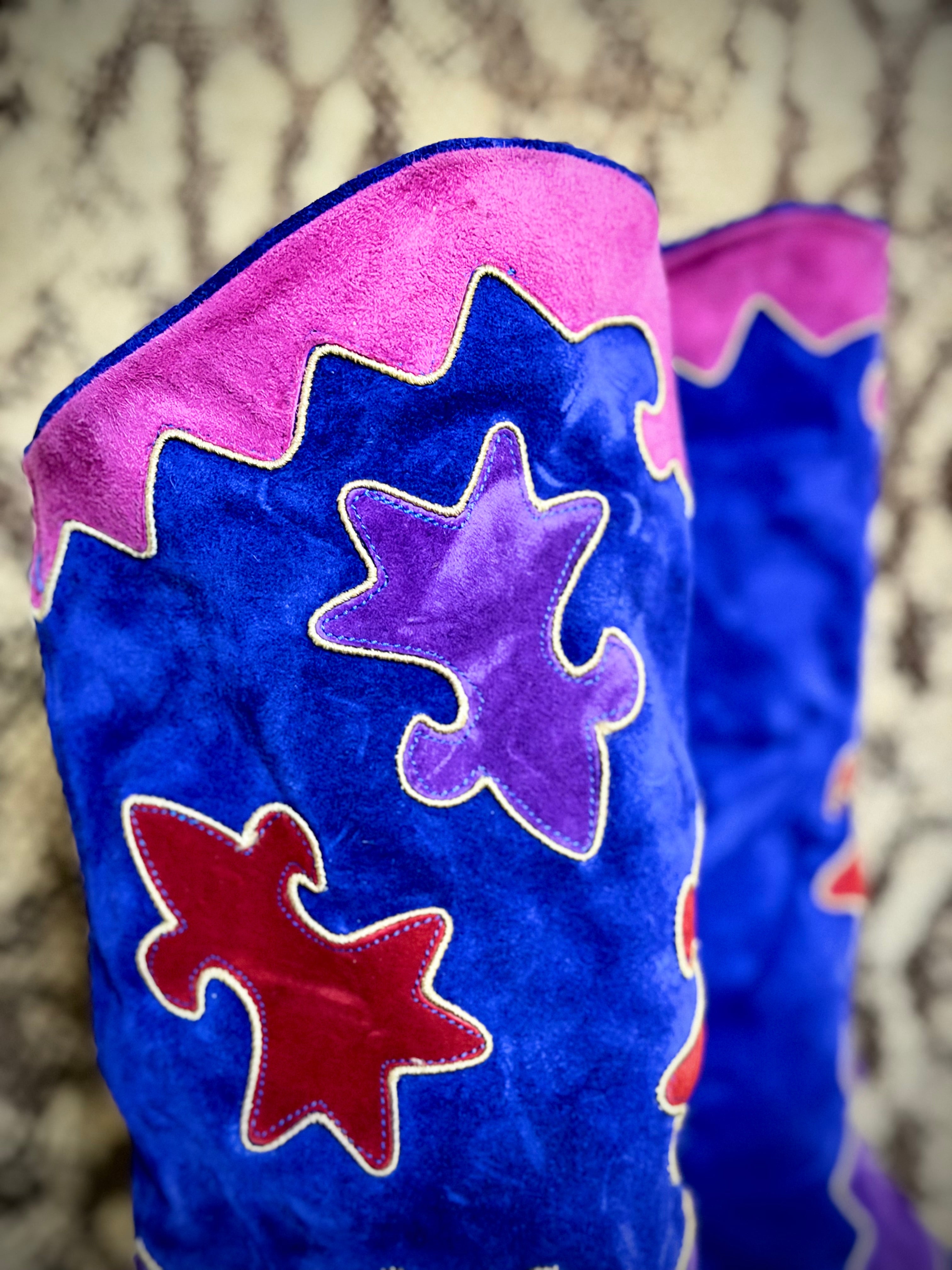 Vintage 1980s Biondini Suede Appliqué Cowboy Boots