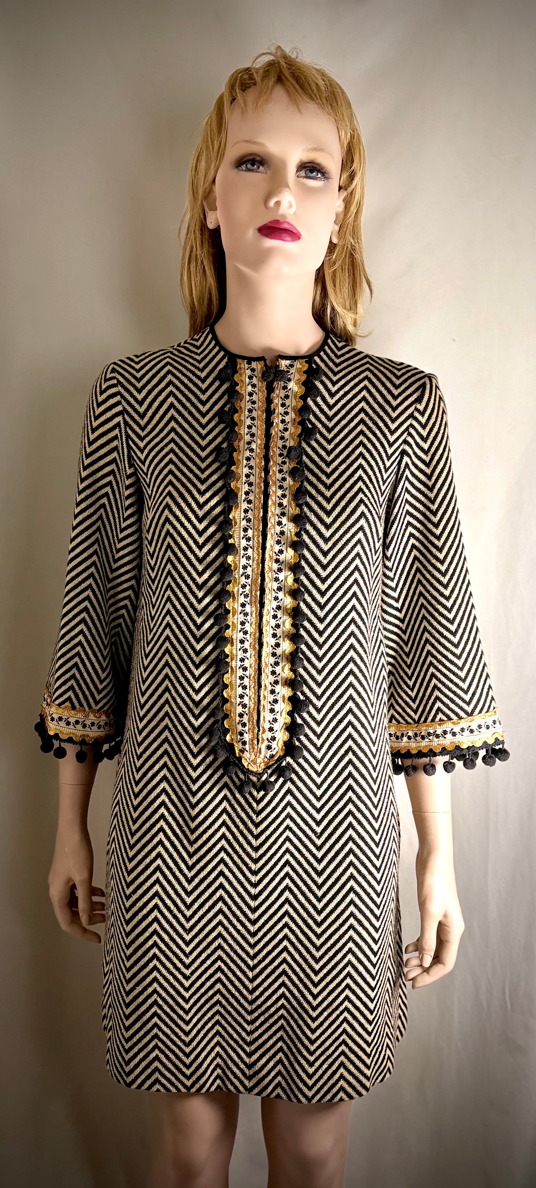 Mid-Century Chevron Weave Dress with Decorative Trim