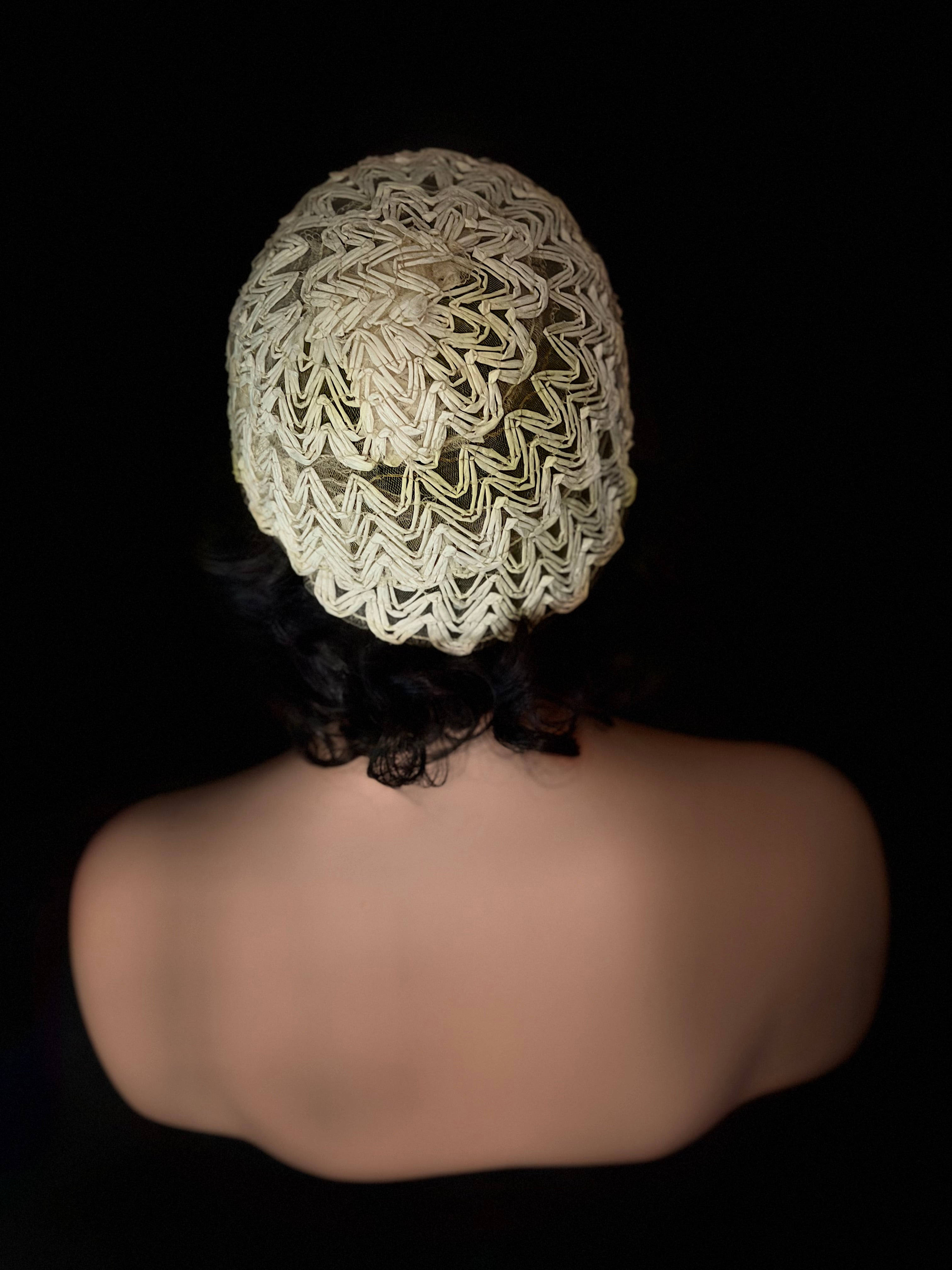Woven Ribbon Skull Cap - 1950s Ivory Vintage Headpiece