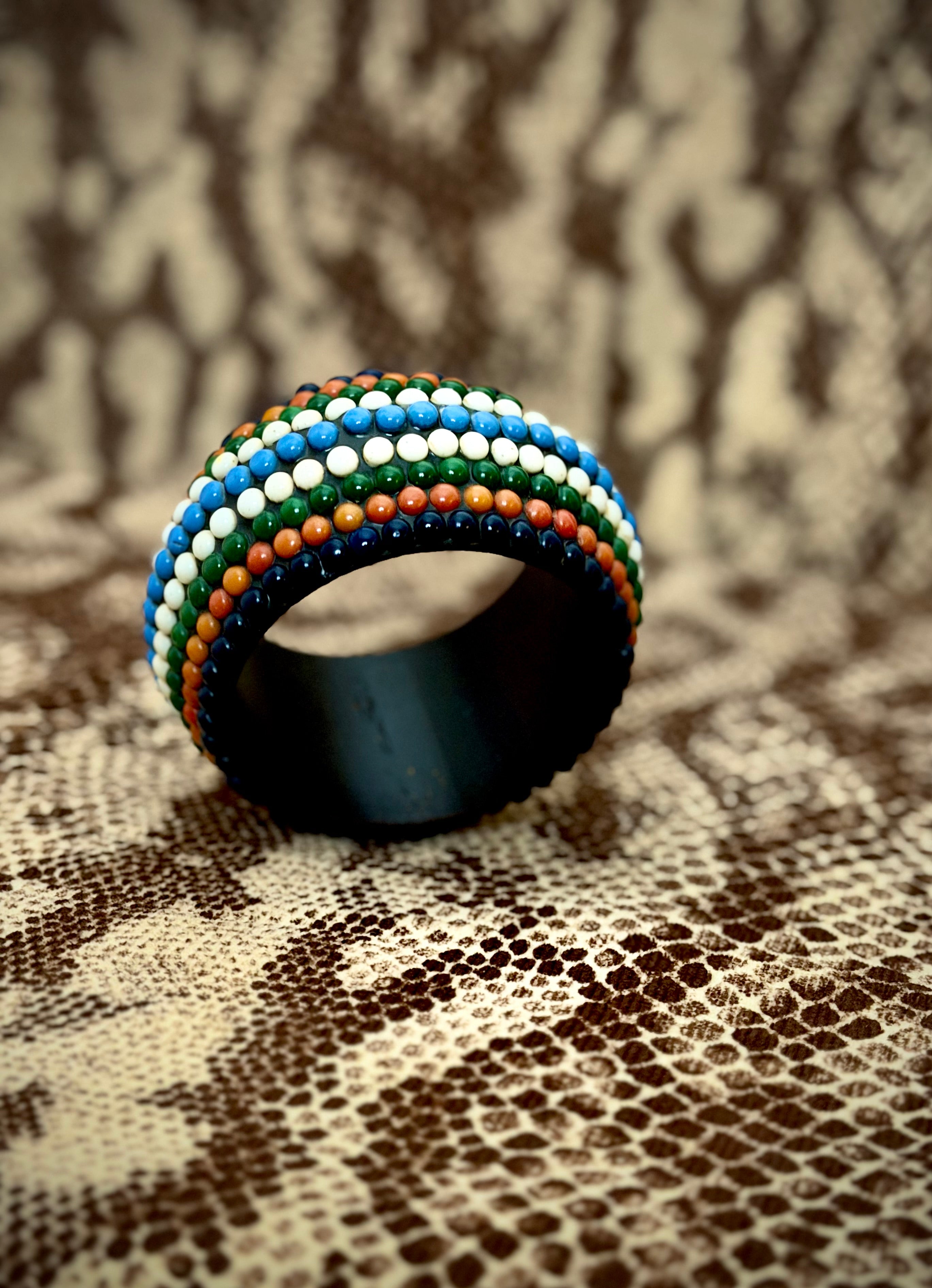 1980s African Beaded Wooden Bangle | Multicolour Stripe Design
