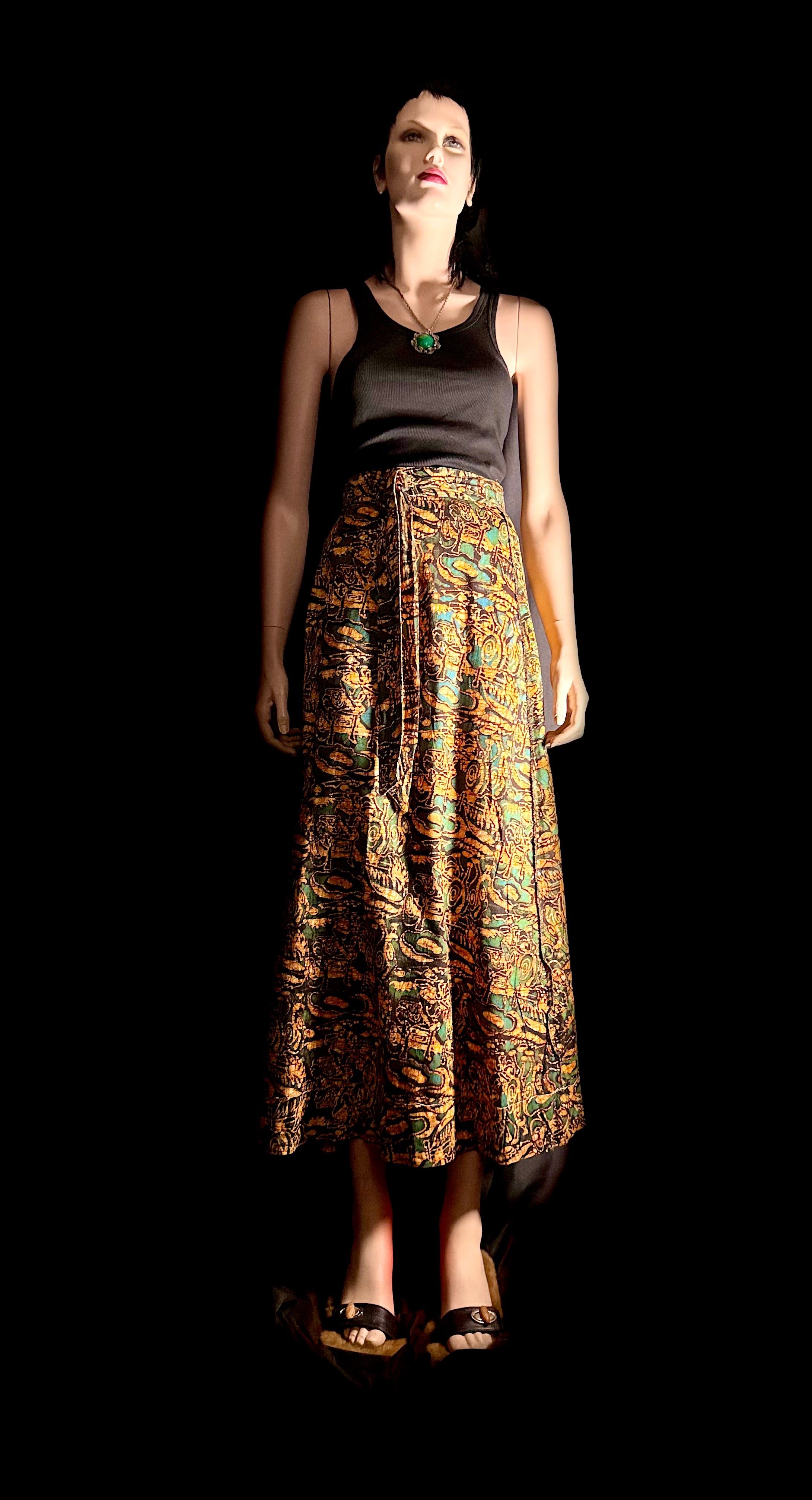 1970s Wrap Skirt – Earth Tone Abstract Print – Sarong Style