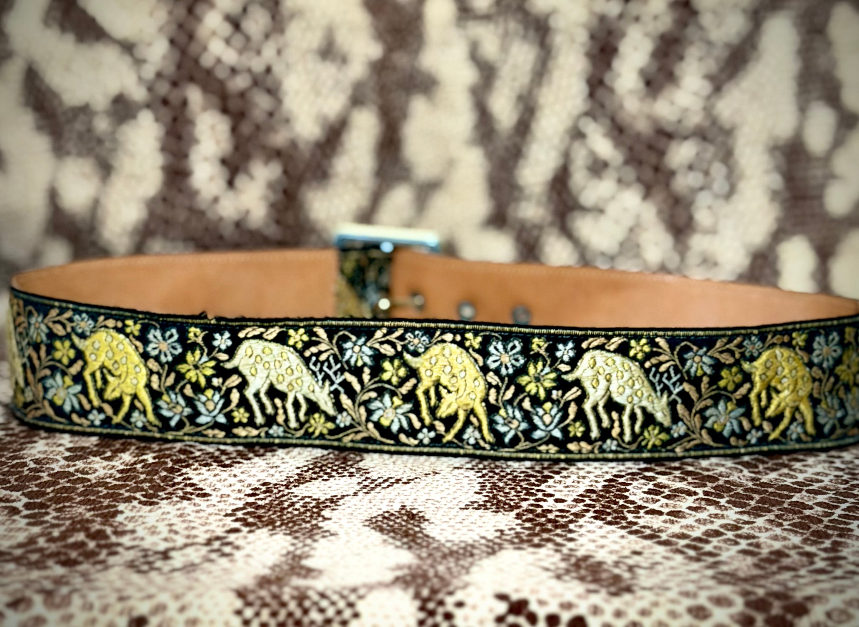 1970s Lutèce Paris Embroidered Leather Belt- Deer and Floral Tapestry (Made in France)