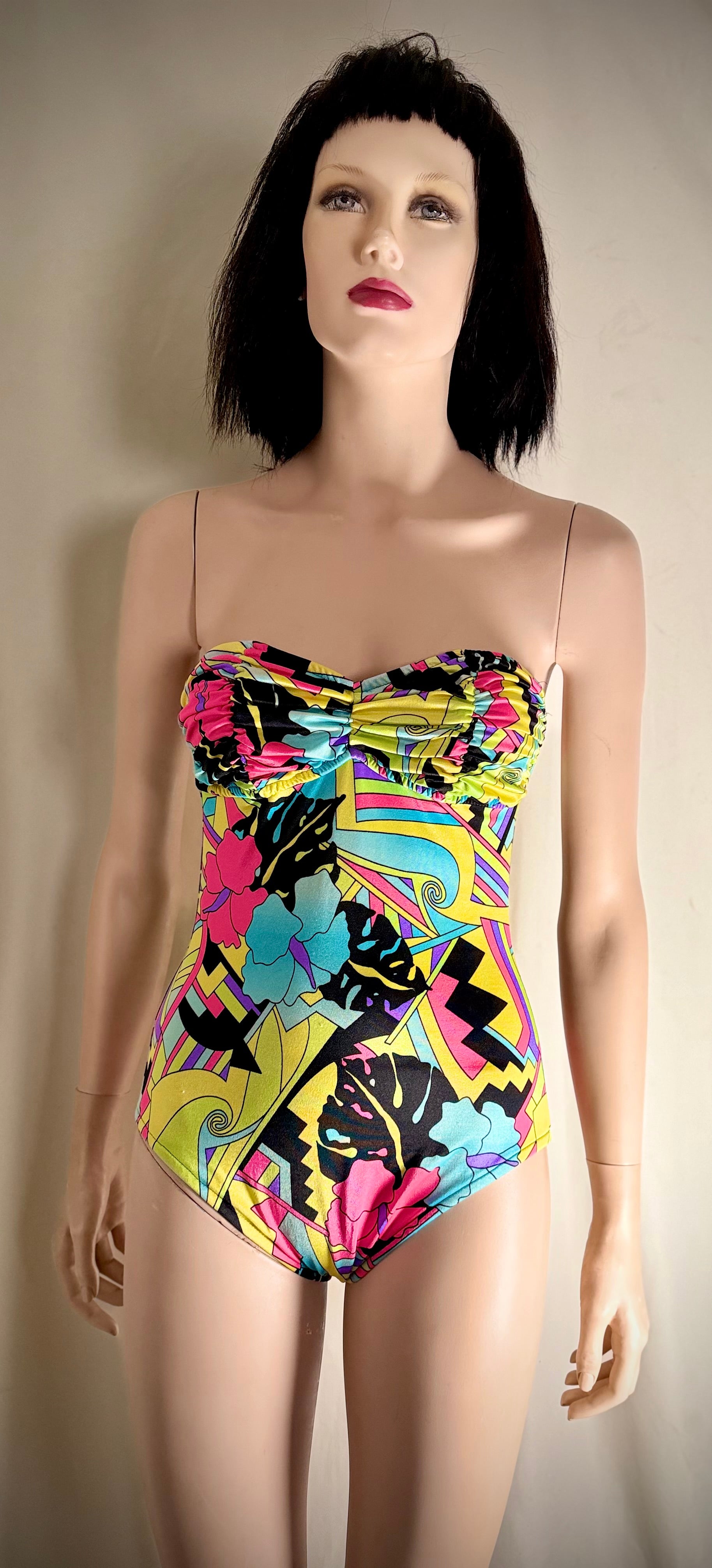 1990s Neon Tropical Print Bodysuit Swimsuit | Bodysuit