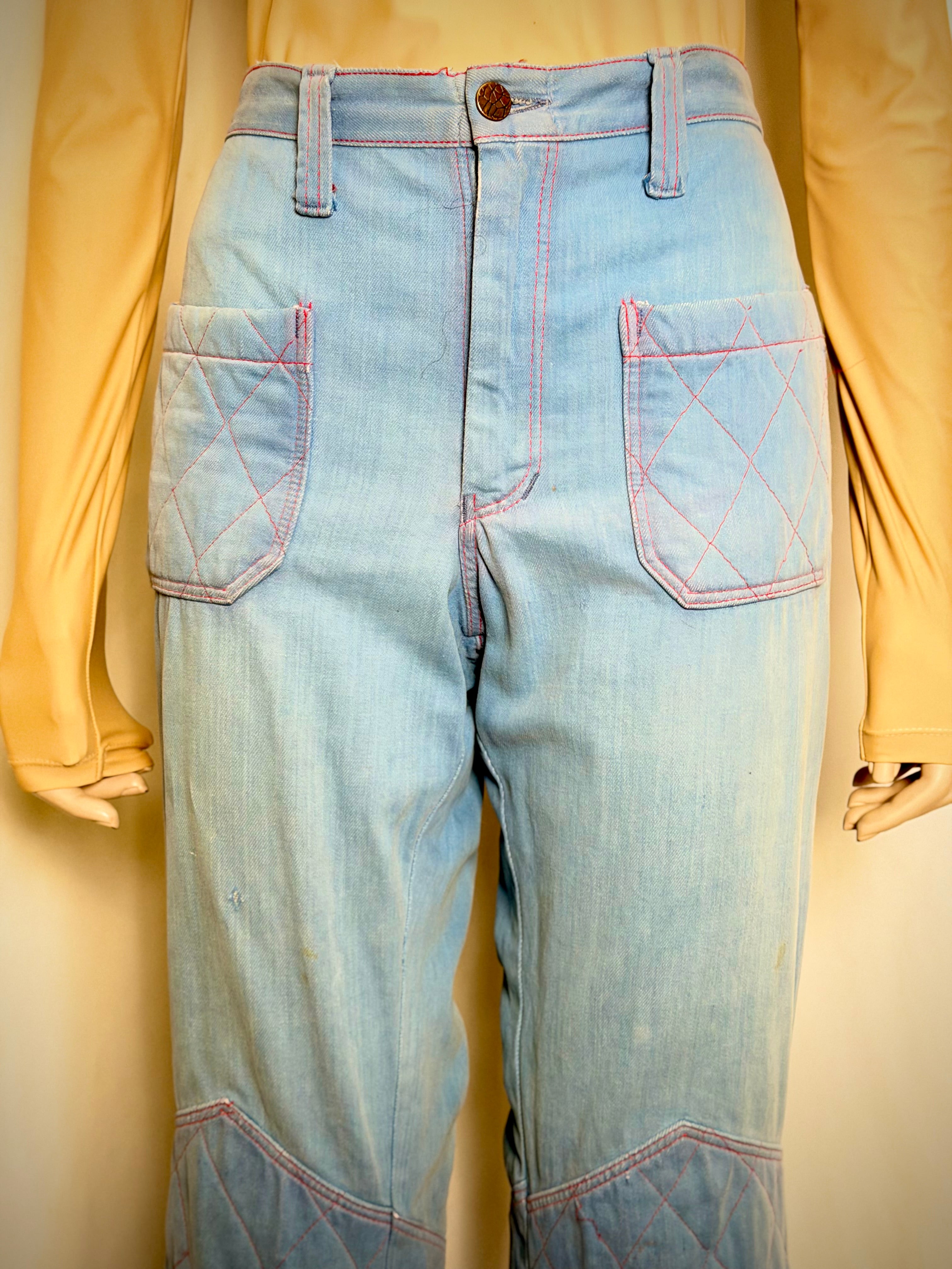 Vintage 70s Keyman Quilted Flares - Light Blue Denim